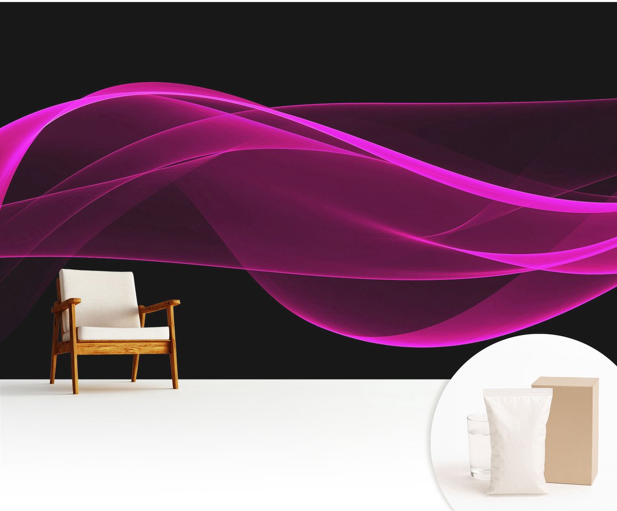 Wallfluent Fotobehang - Zwart Vliesbehang - 416x254 cm - Roze Linten Fotobehang Vlies - Woonkamer behang Abstractie - Muurschildering - Woonkamer behang
