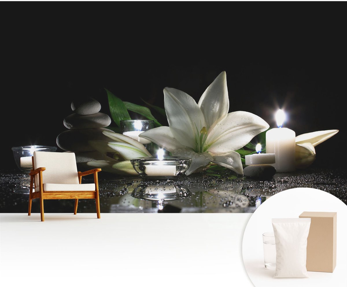 Wallfluent Fotobehang - Zwart Vliesbehang - 416x254 cm - Ontspannende Scène Muurschildering - Slaapkamer behang Bloemen En Planten - Fotobehang Vlies - Slaapkamer behang
