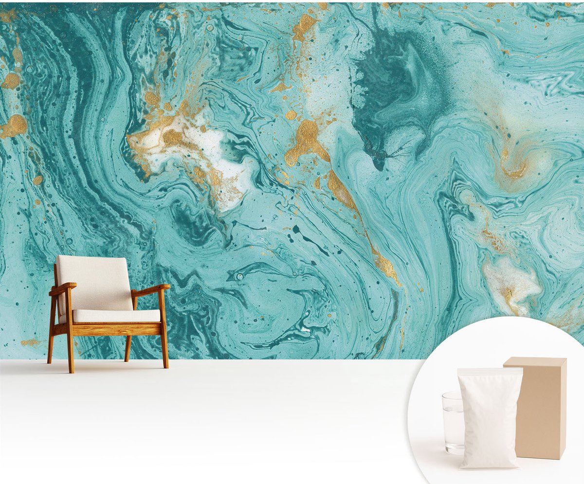 Wallfluent Fotobehang - Blauw Vliesbehang - 416x254 cm - Zeegolven Fotobehang Vlies - Woonkamer behang Abstractie - Muurschildering - Woonkamer behang