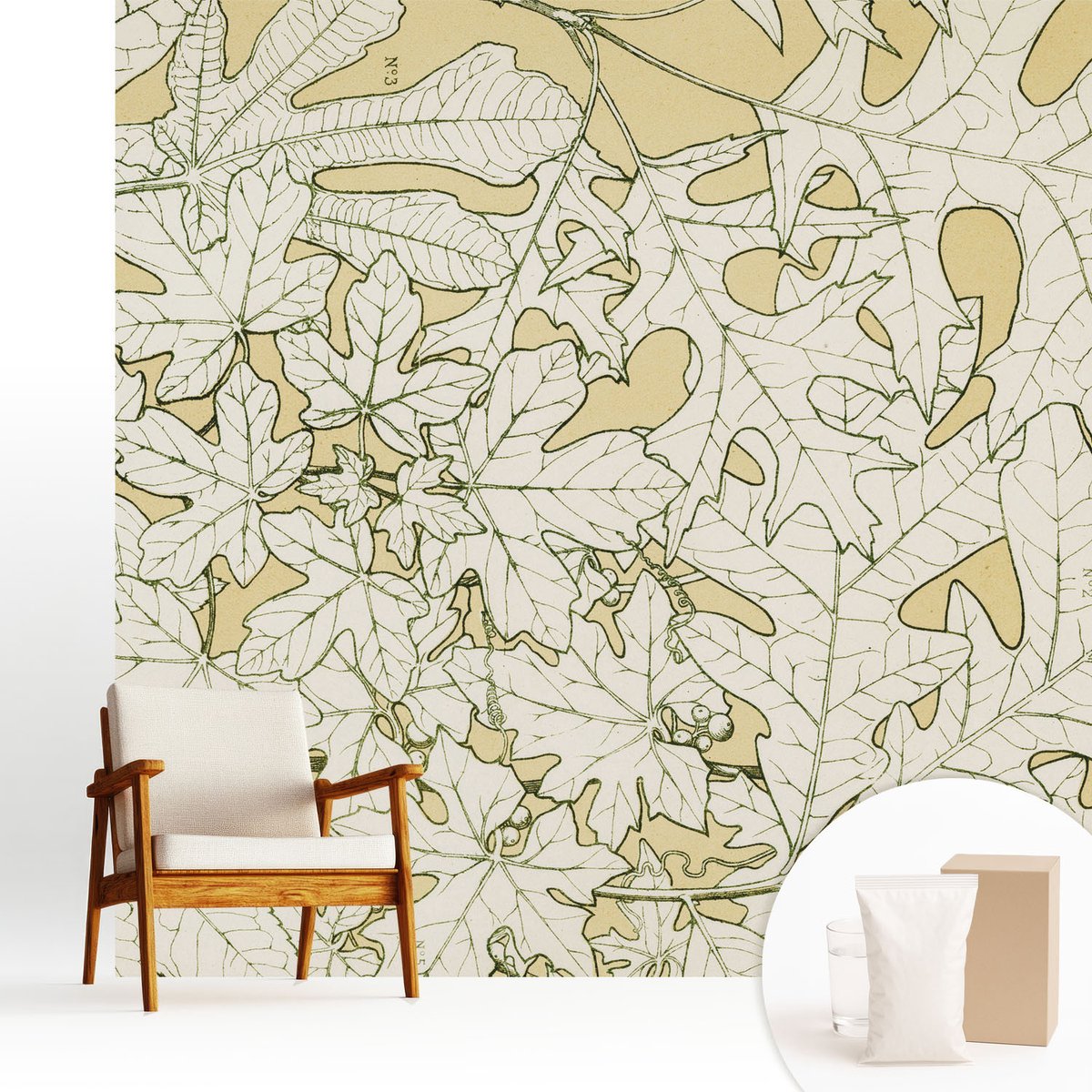 Wallfluent Fotobehang - Geel Vliesbehang - 250x250 cm - Boombladeren Fotobehang Vlies - Hal behang Bloemen En Planten - Muurschildering - Woonkamer behang