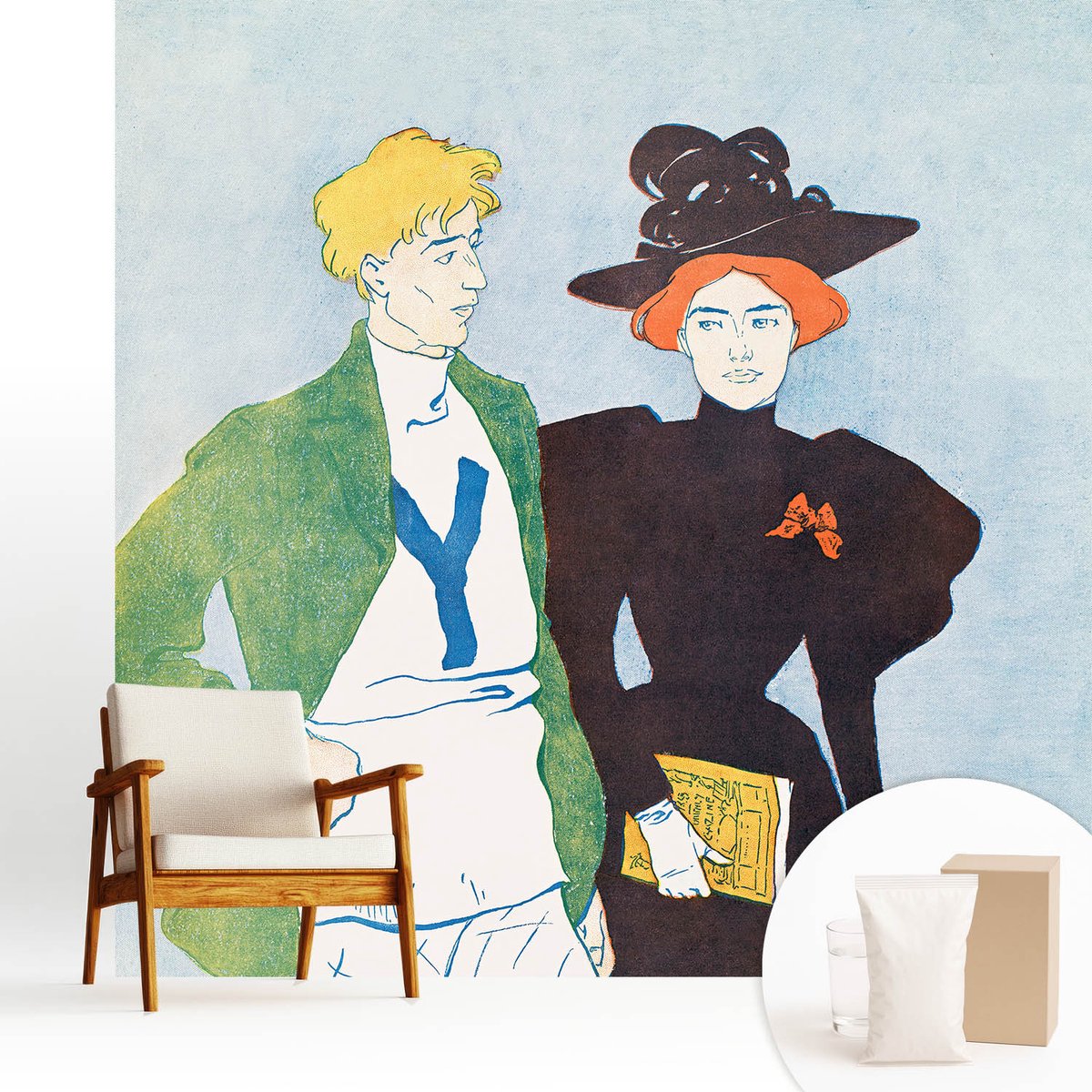 Wallfluent Fotobehang - Grijs Vliesbehang - 250x250 cm - Retro Stijl Fotobehang Vlies - Hal behang Mensen - Muurschildering - Woonkamer behang