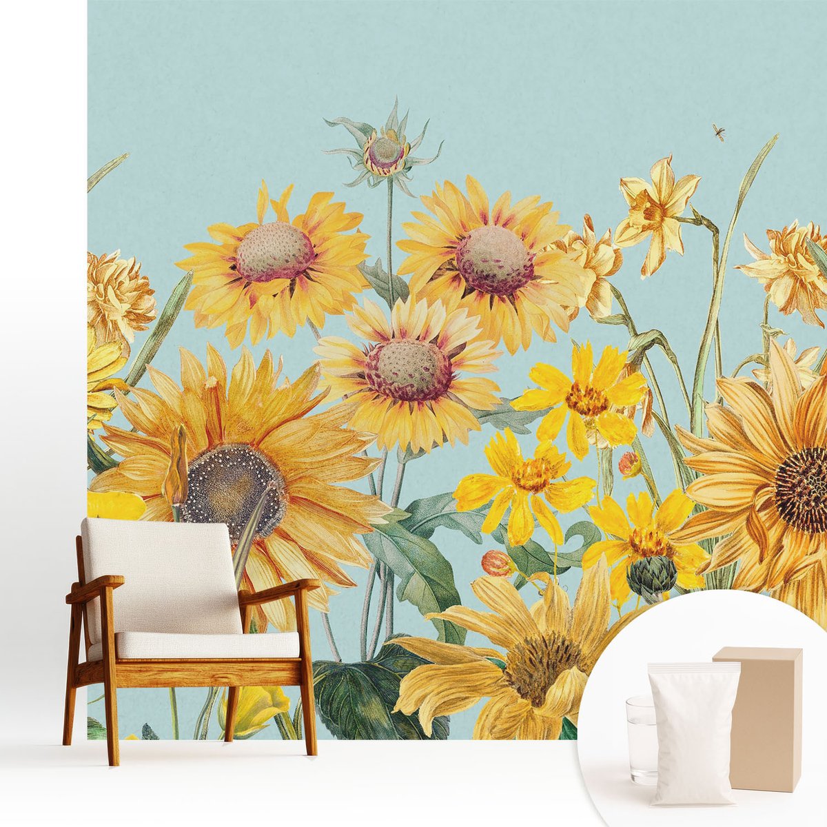 Wallfluent Fotobehang - Geel Vliesbehang - 250x250 cm - Zomertuin Muurschildering - Slaapkamer behang Bloemen En Planten - Fotobehang Vlies - Slaapkamer behang