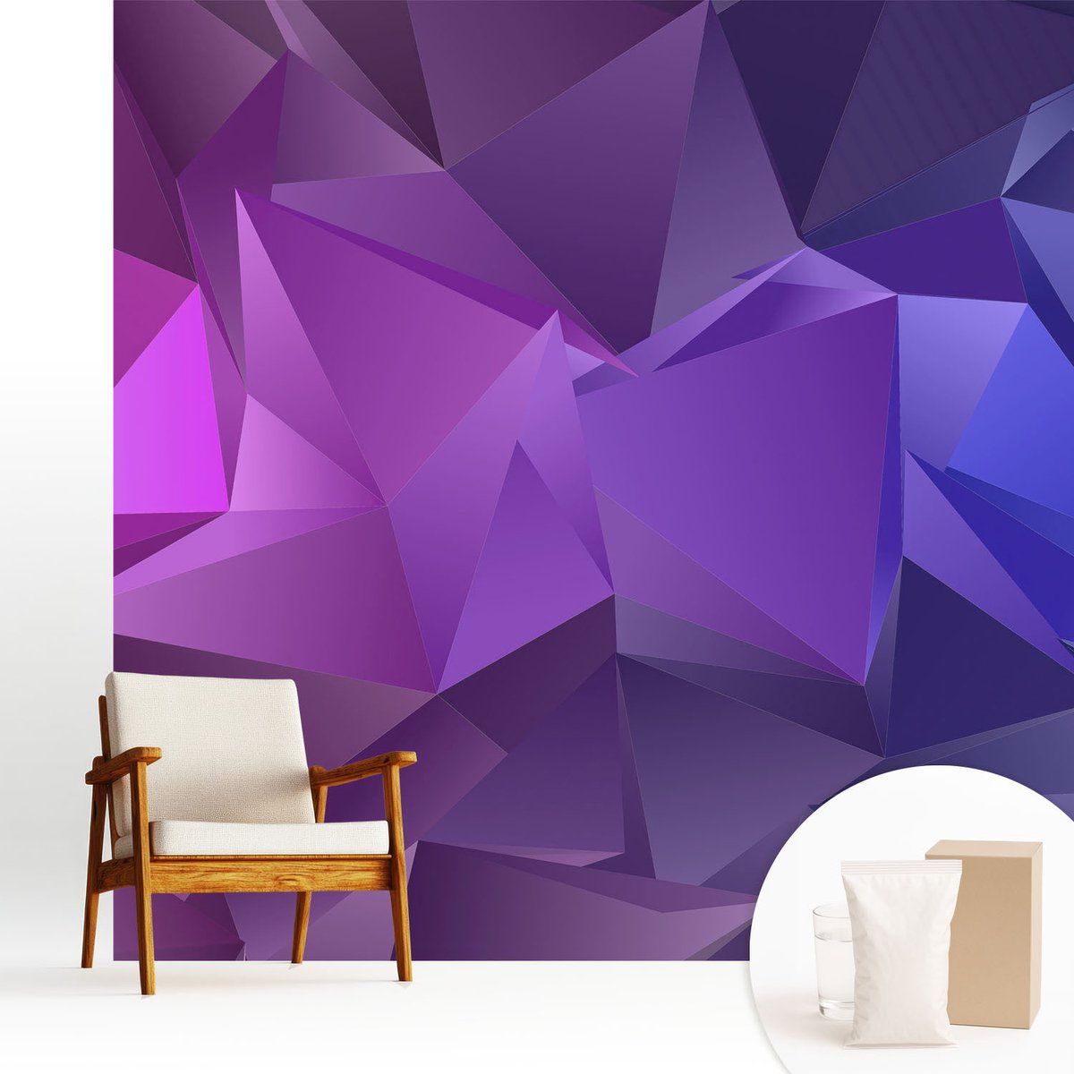 Wallfluent Fotobehang - Paars Vliesbehang - 250x250 cm - Paarse Driehoeken Muurschildering - Gang behang Abstractie - Fotobehang Vlies - Slaapkamer behang