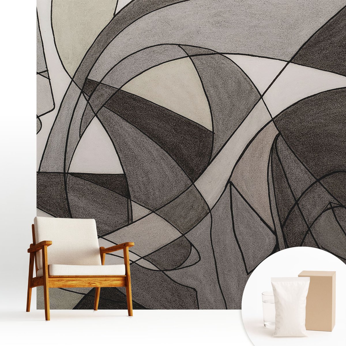 Wallfluent Fotobehang - Grijs Vliesbehang - 250x250 cm - Geometrische Abstractie Fotobehang Vlies - Woonkamer behang Abstractie - Muurschildering - Hal behang