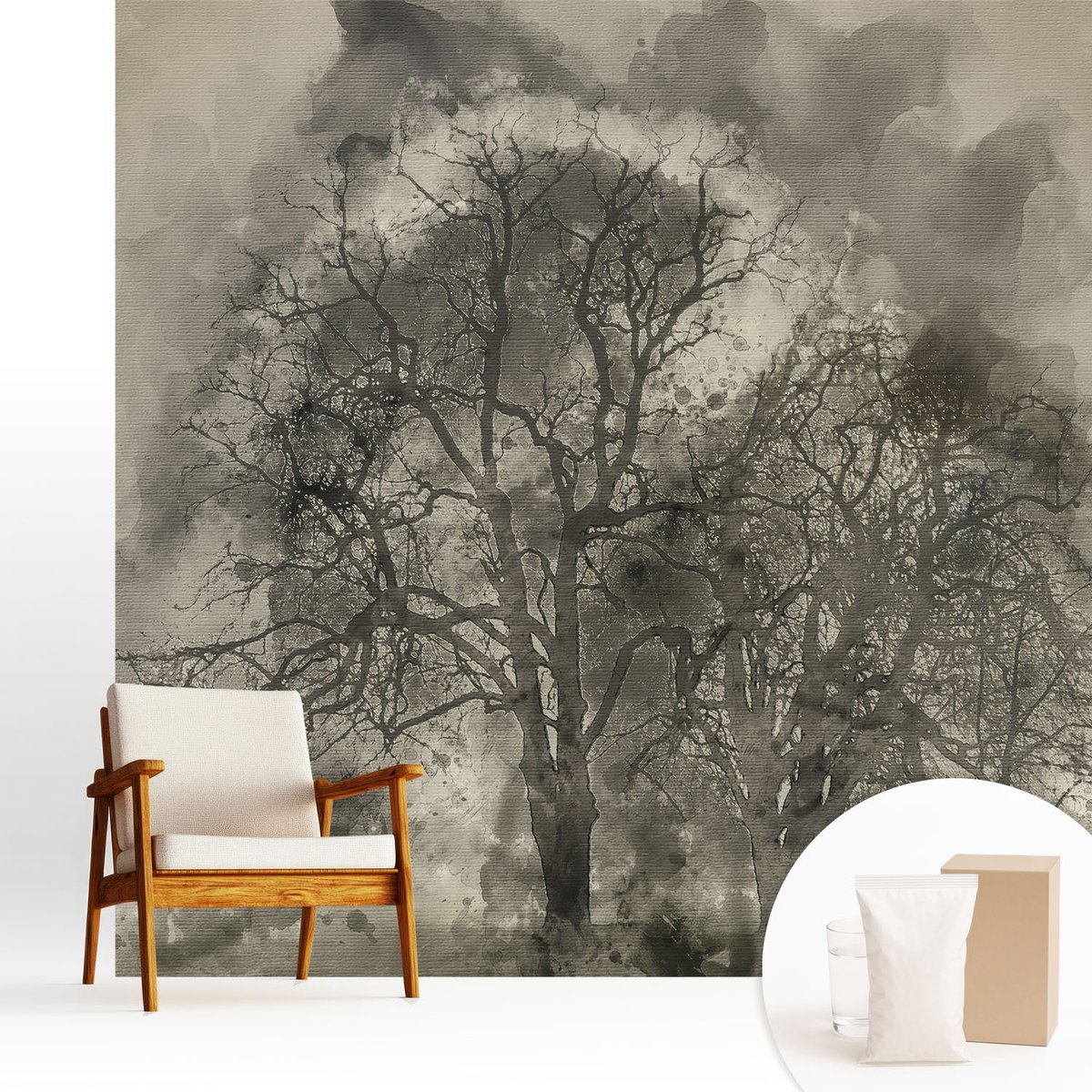 Wallfluent Fotobehang - Zwart Vliesbehang - 250x250 cm - Mysterieuze Bomen Muurschildering - Gang behang Bloemen En Planten - Fotobehang Vlies - Slaapkamer behang