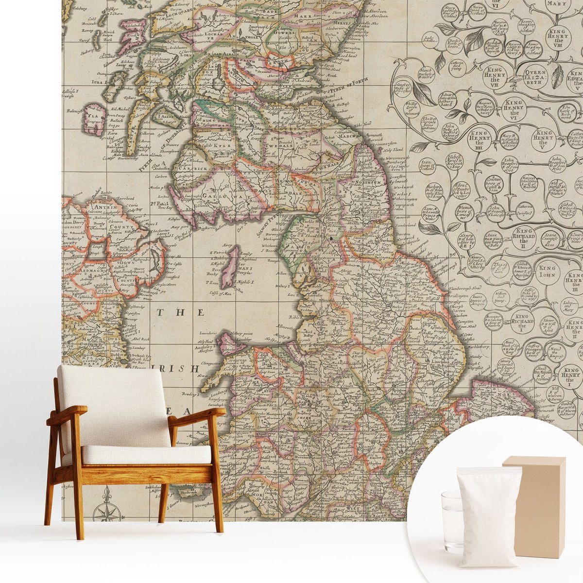 Wallfluent Fotobehang - Beige Vliesbehang - 250x250 cm - Antieke Kaart Fotobehang Vlies - Woonkamer behang Kaarten - Muurschildering - Woonkamer behang