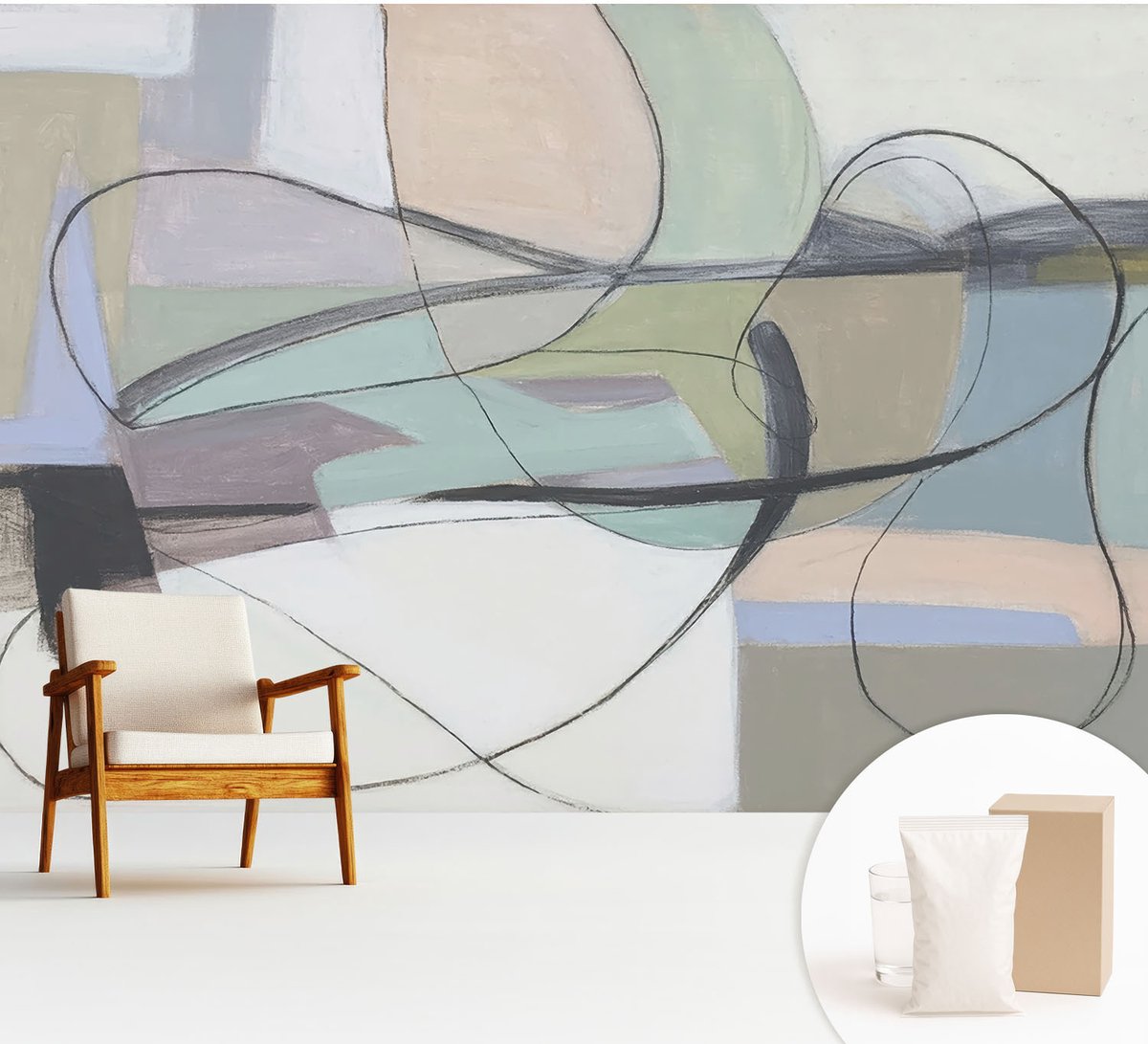 Wallfluent Fotobehang - Grijs Vliesbehang - 312x219 cm - Pastelkleurige Lijnen Muurschildering - Slaapkamer behang Abstractie - Fotobehang Vlies - Gang behang