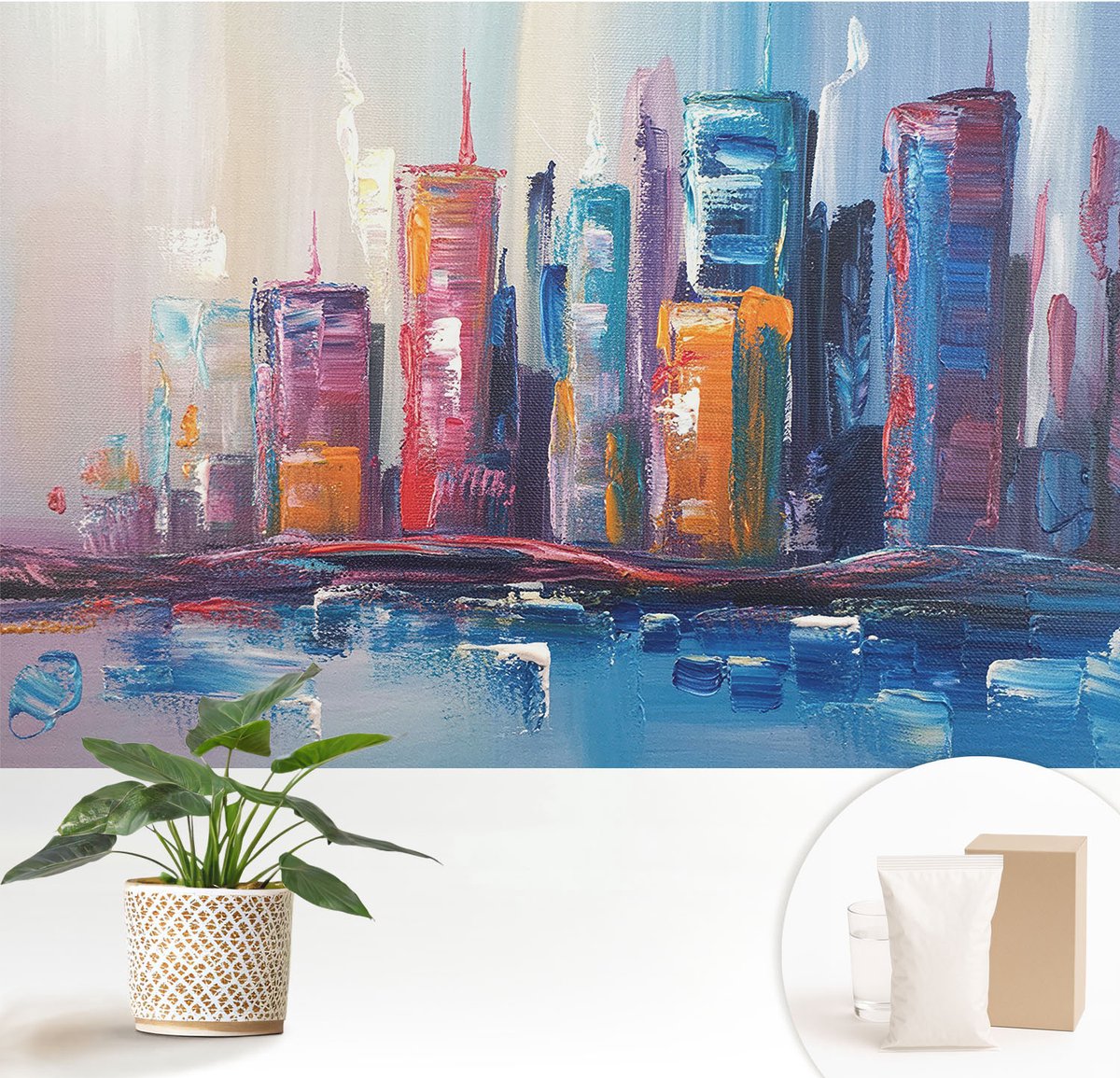 Wallfluent Fotobehang - Blauw Vliesbehang - 152x104 cm - Kleurrijke Stad Muurschildering - Gang behang Deel - Fotobehang Vlies - Slaapkamer behang