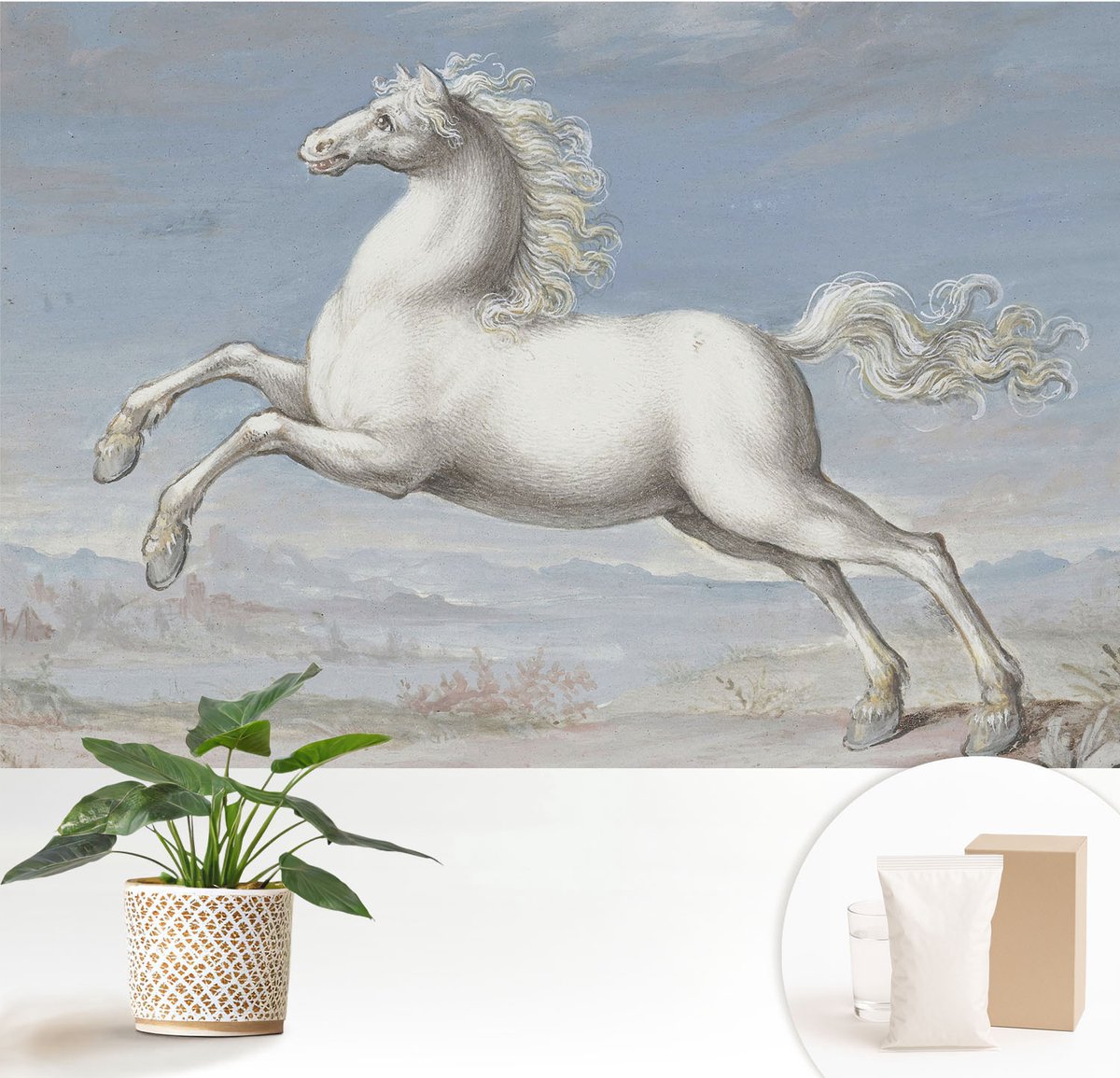 Wallfluent Fotobehang - Wit Vliesbehang - 152x104 cm - Paarden In De Hindernis Fotobehang Vlies - Hal behang Dieren - Muurschildering - Hal behang