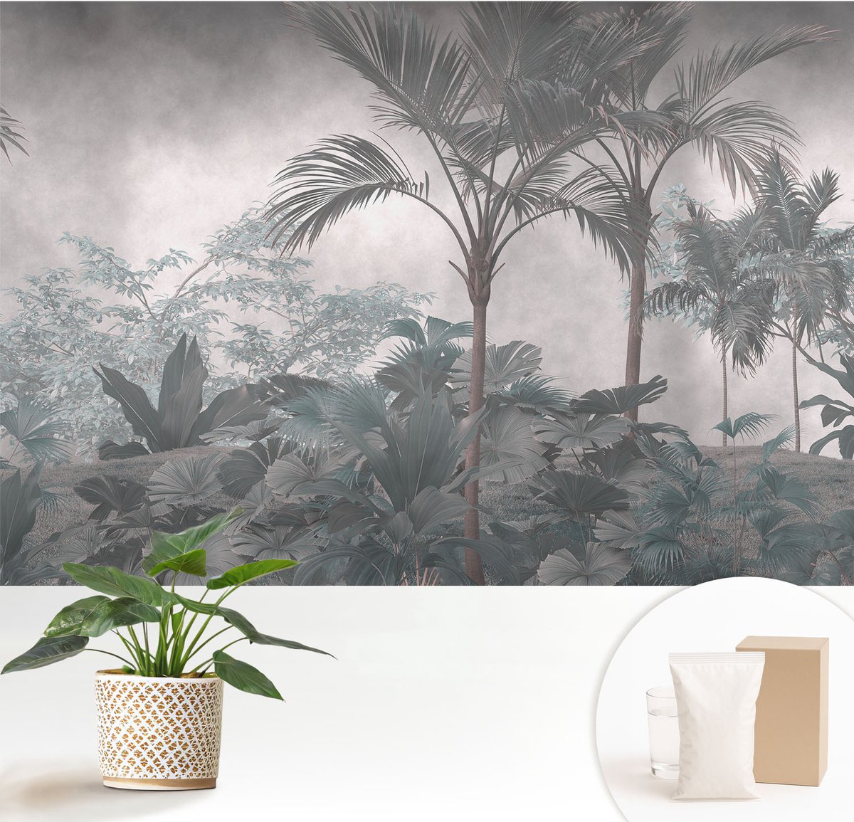 Wallfluent Fotobehang - Grijs Vliesbehang - 152x104 cm - Exotische Natuur Muurschildering - Gang behang Bloemen En Planten - Fotobehang Vlies - Slaapkamer behang