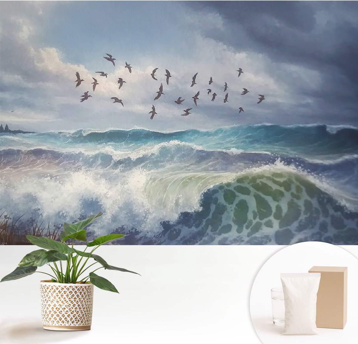 Wallfluent Fotobehang - Blauw Vliesbehang - 152x104 cm - Zeegolven Muurschildering - Slaapkamer behang Landschappen - Fotobehang Vlies - Slaapkamer behang