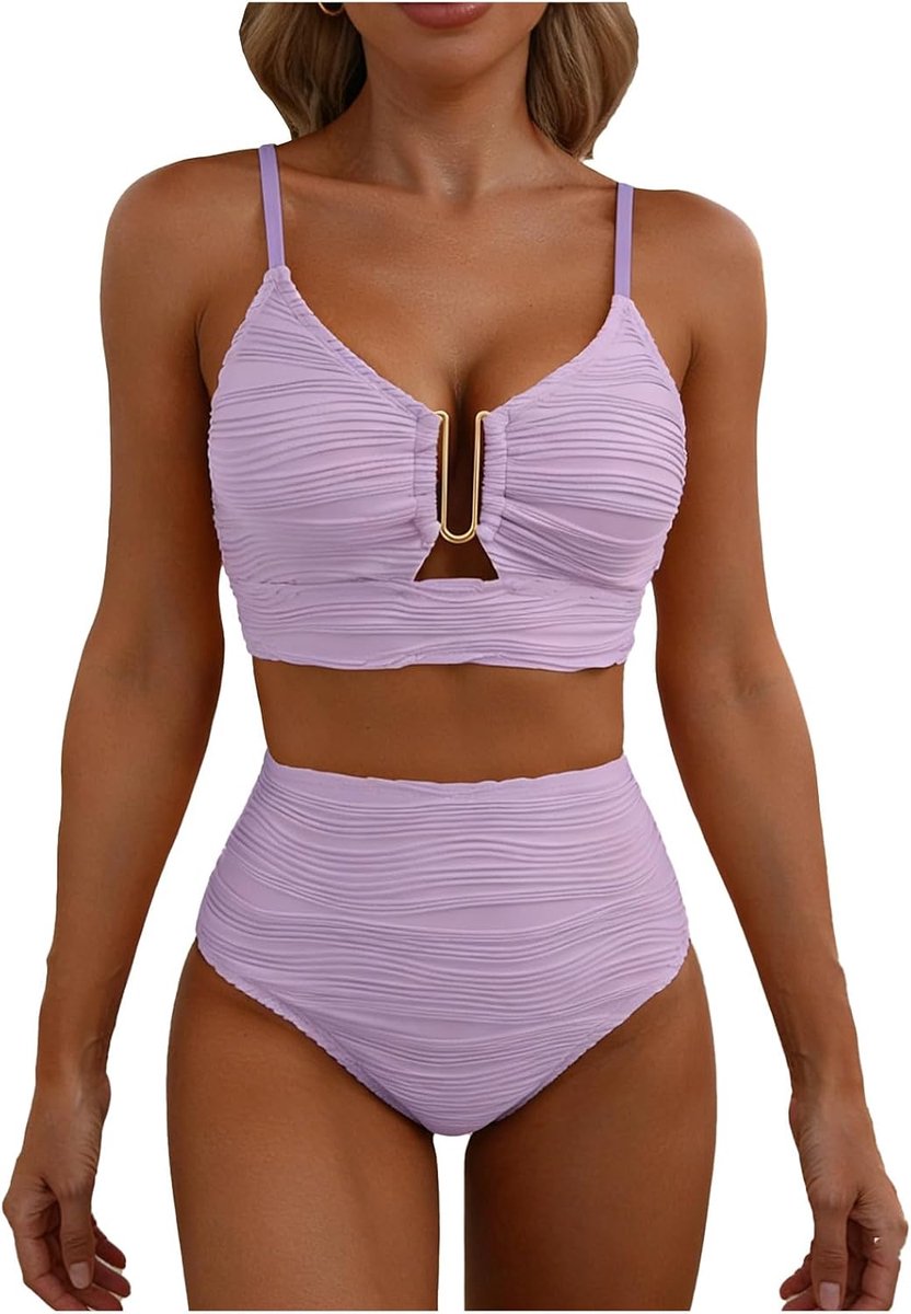 Tweedelige bikini hoge taille V-hals plooien detail comfortabel badpak stijlvol zomer strand vakantie