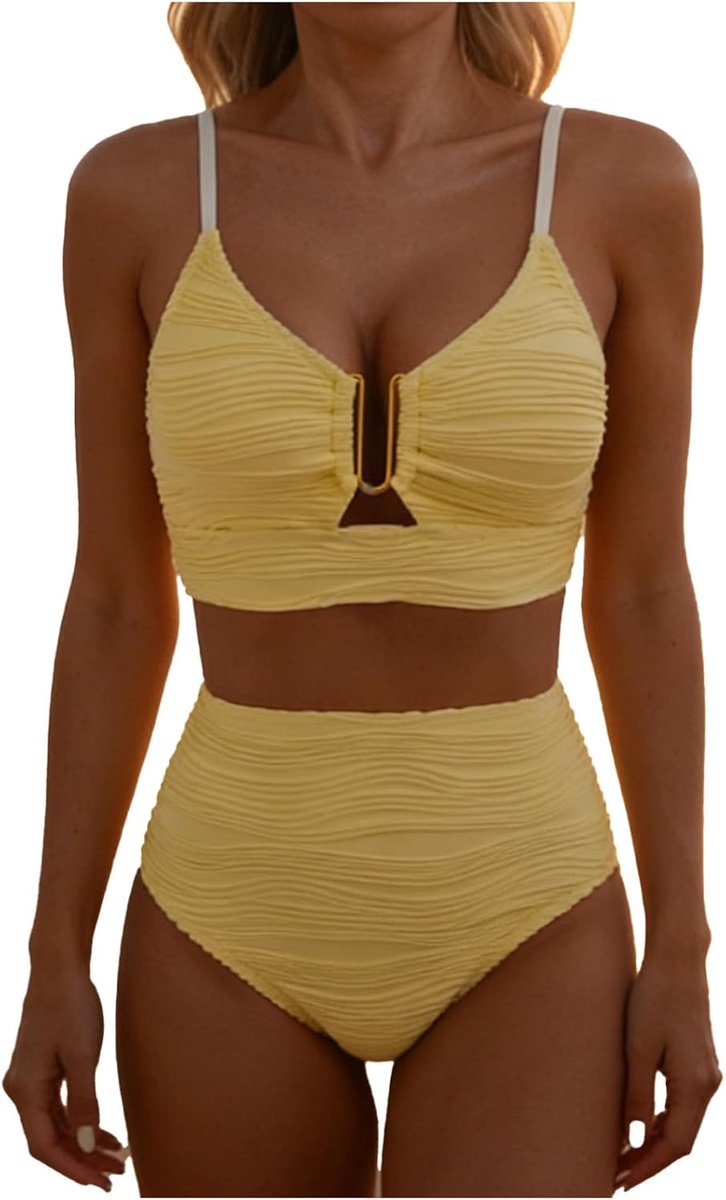 Tweedelige bikini hoge taille V-hals plooien detail comfortabel badpak stijlvol zomer strand vakantie