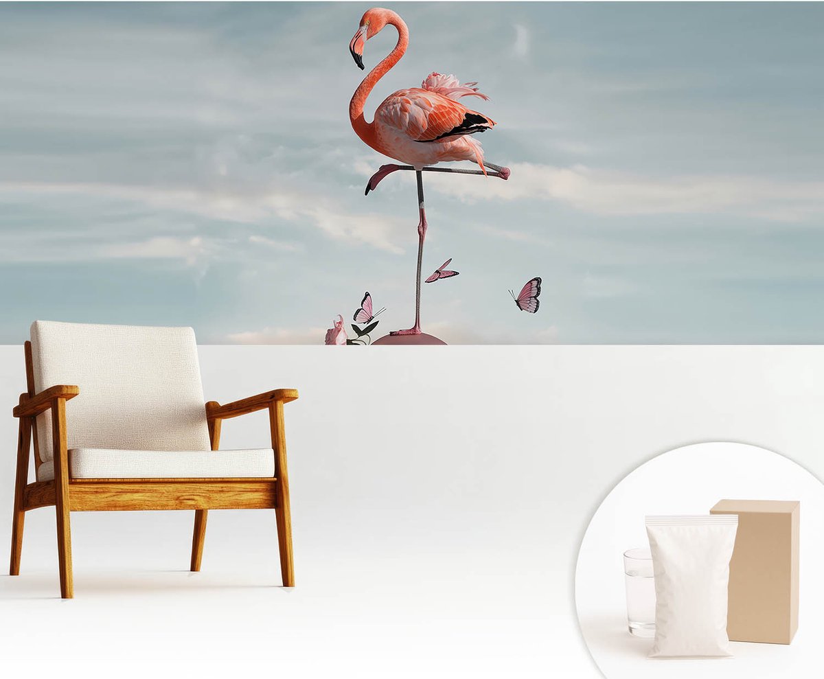 Wallfluent Fotobehang - Blauw Vliesbehang - 250x104 cm - Elegante Flamingo Fotobehang Vlies - Woonkamer behang Dieren - Muurschildering - Woonkamer behang
