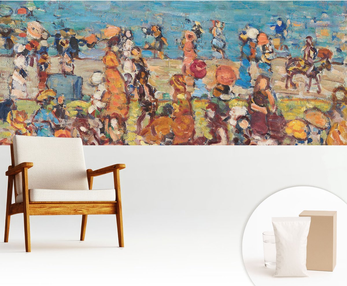 Wallfluent Fotobehang - Blauw Vliesbehang - 250x104 cm - Strandscène Muurschildering - Gang behang Mensen - Fotobehang Vlies - Slaapkamer behang