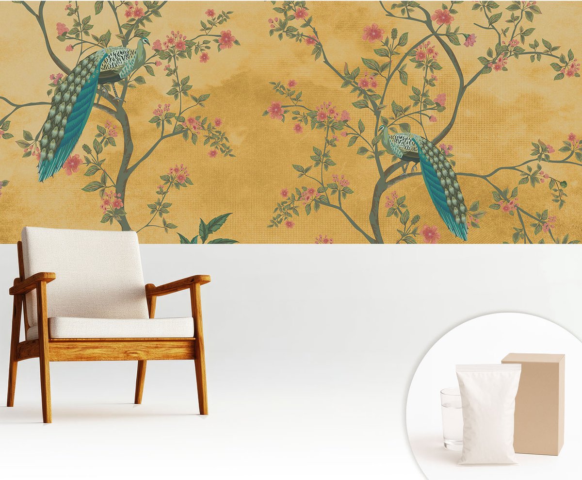 Wallfluent Fotobehang - Geel Vliesbehang - 250x104 cm - Pauwenbomen Muurschildering - Gang behang Bloemen En Planten - Fotobehang Vlies - Gang behang