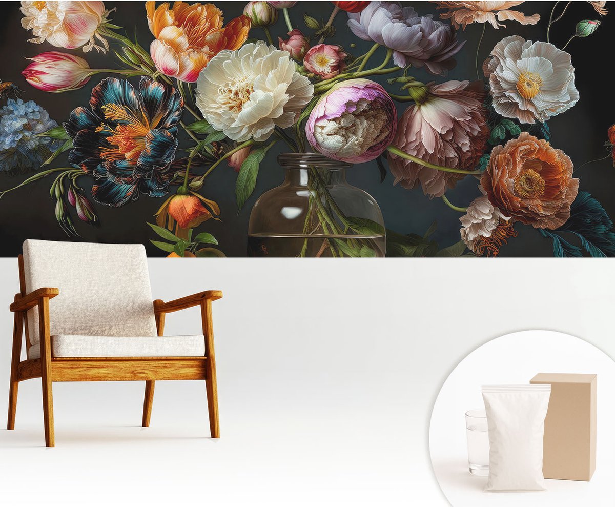 Wallfluent Fotobehang - Oranje Vliesbehang - 250x104 cm - Bloemenboeket Fotobehang Vlies - Hal behang Bloemen En Planten - Muurschildering - Hal behang