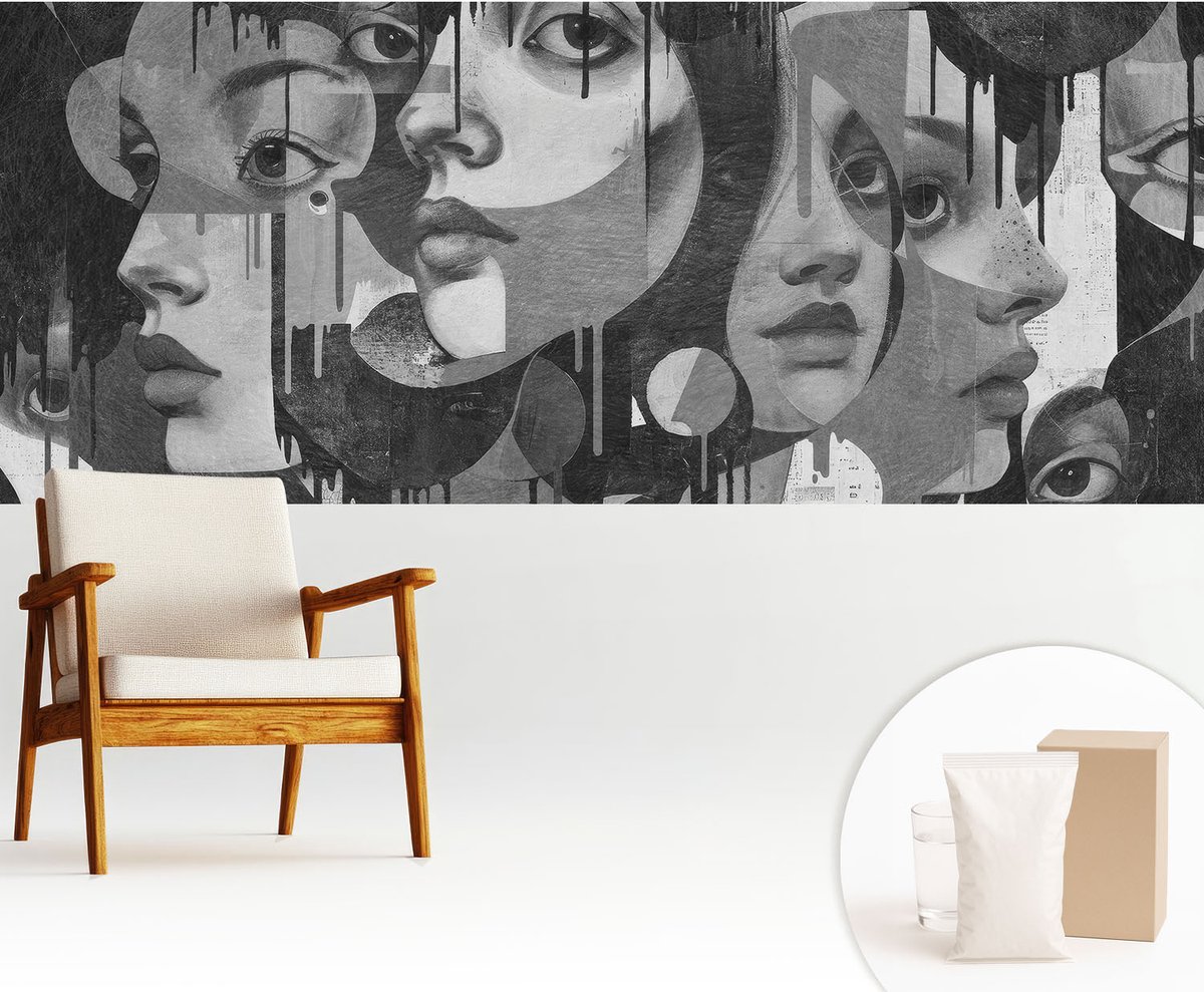 Wallfluent Fotobehang - Zwart-Wit Vliesbehang - 250x104 cm - Vrouwengezichten Muurschildering - Slaapkamer behang Deel - Fotobehang Vlies - Slaapkamer behang