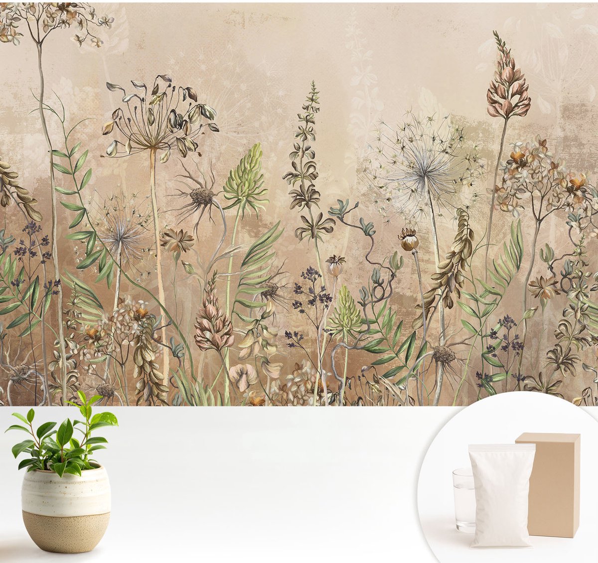 Wallfluent Fotobehang - Beige Vliesbehang - 104x70 cm - Rustieke Bloemen Fotobehang Vlies - Woonkamer behang Bloemen En Planten - Muurschildering - Woonkamer behang