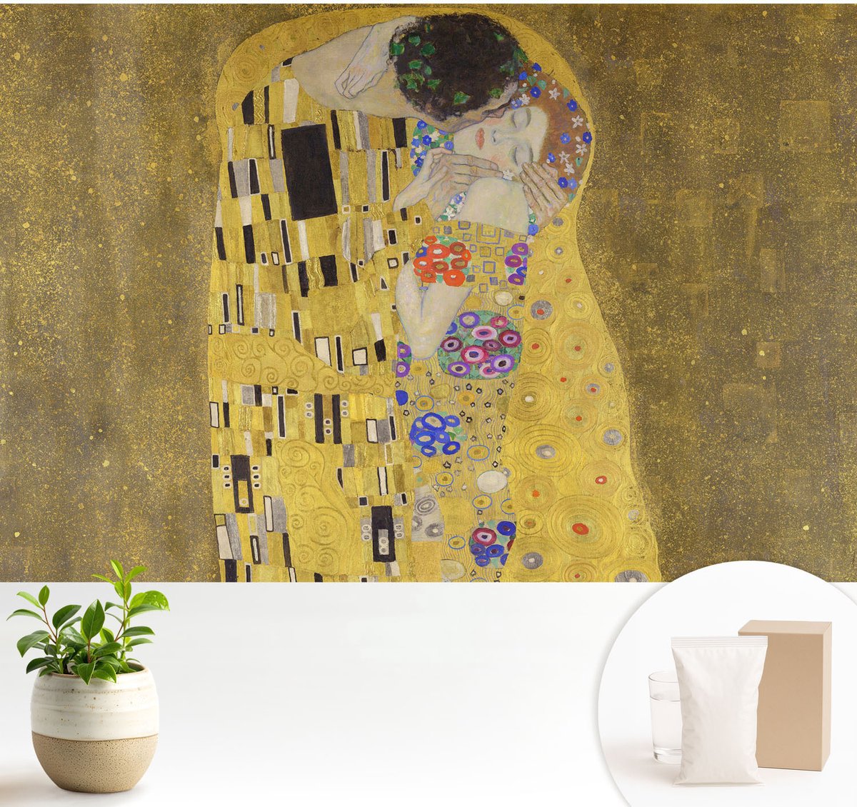 Wallfluent Fotobehang - Geel Vliesbehang - 104x70 cm - Art Nouveau-Paar Fotobehang Vlies - Woonkamer behang Deel - Muurschildering - Woonkamer behang