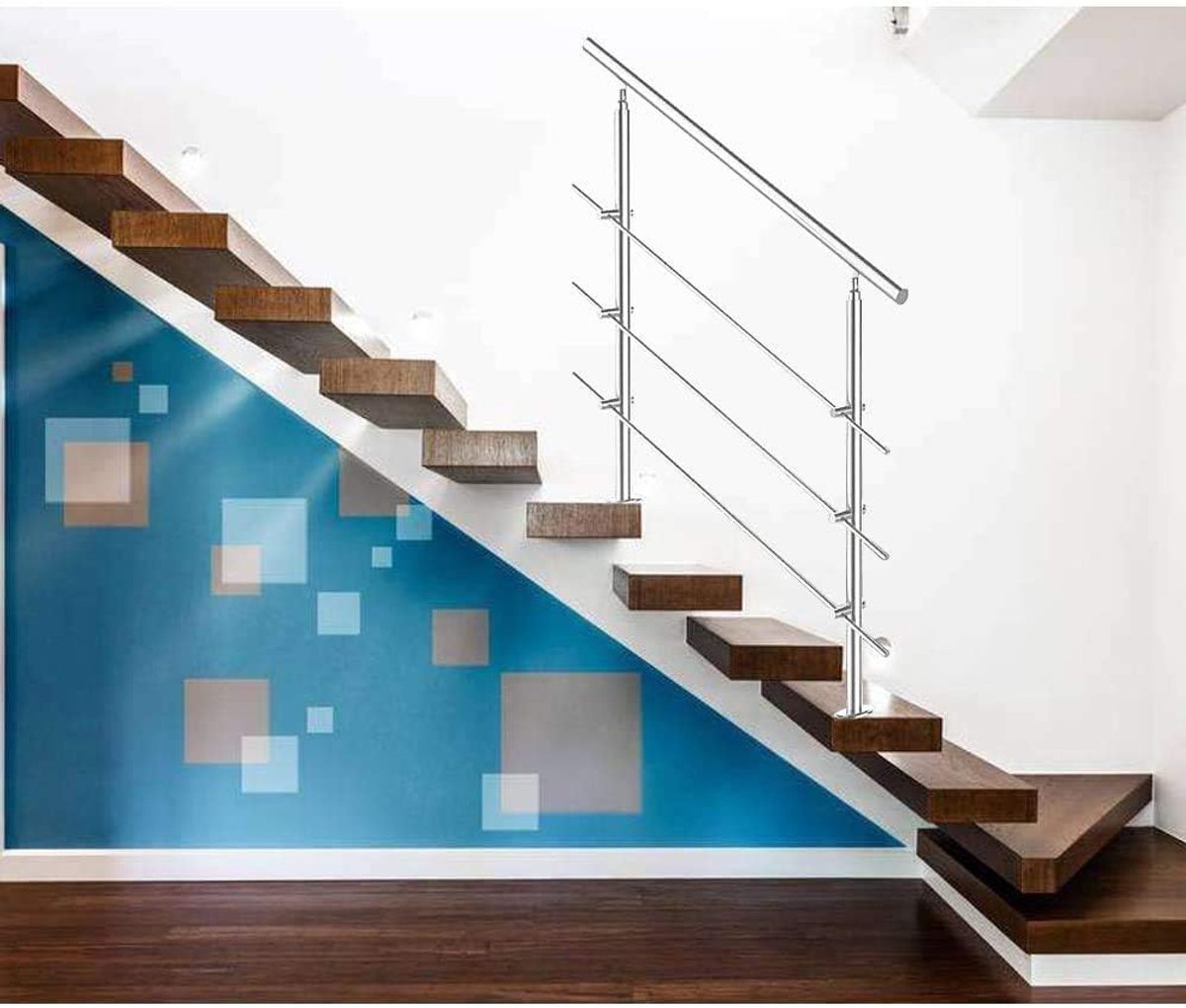 Leuning, 150 cm, 3 trappen, roestvrij staal, geborsteld met set wandleuningen voor binnen en buiten, voor trappen, leuningen en balkon