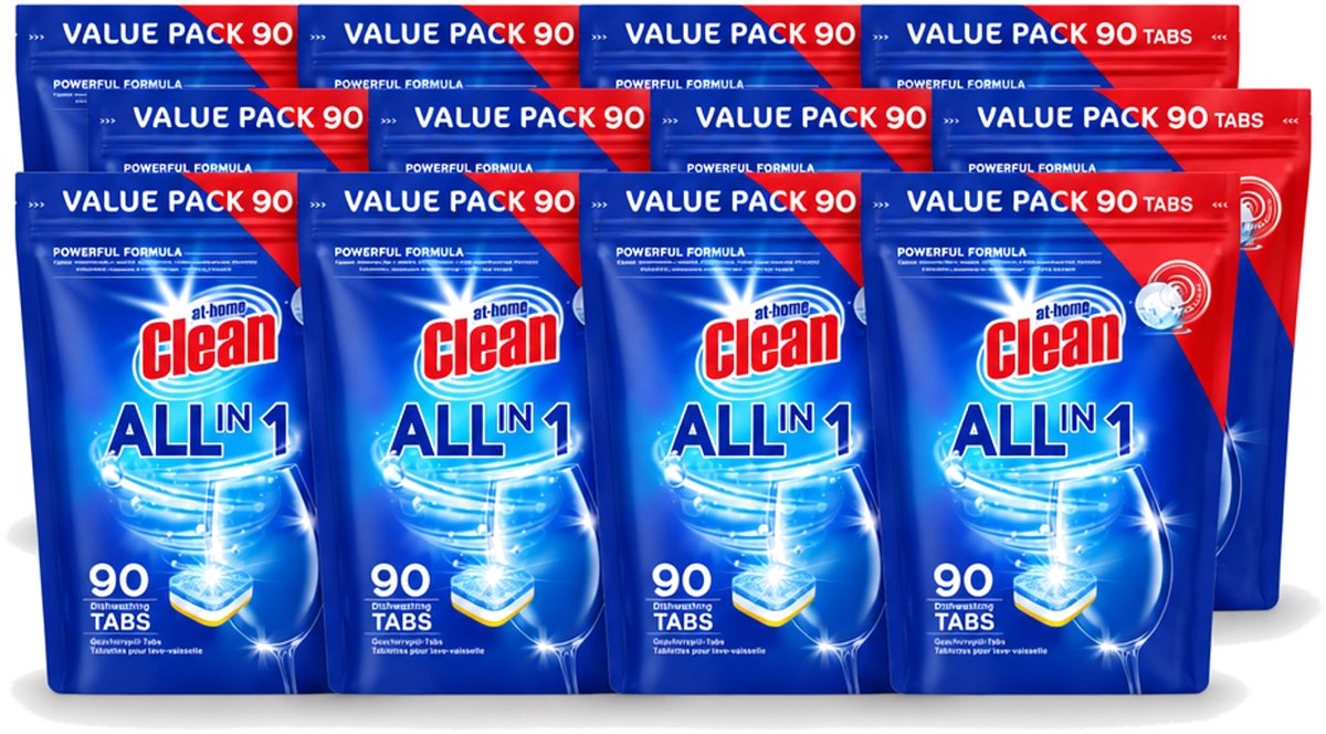 12 x At Home – Vaatwastabletten All-in-1 – Krachtige Reiniging – 90 Tabs - Voordeelverpakking - 12 stuks