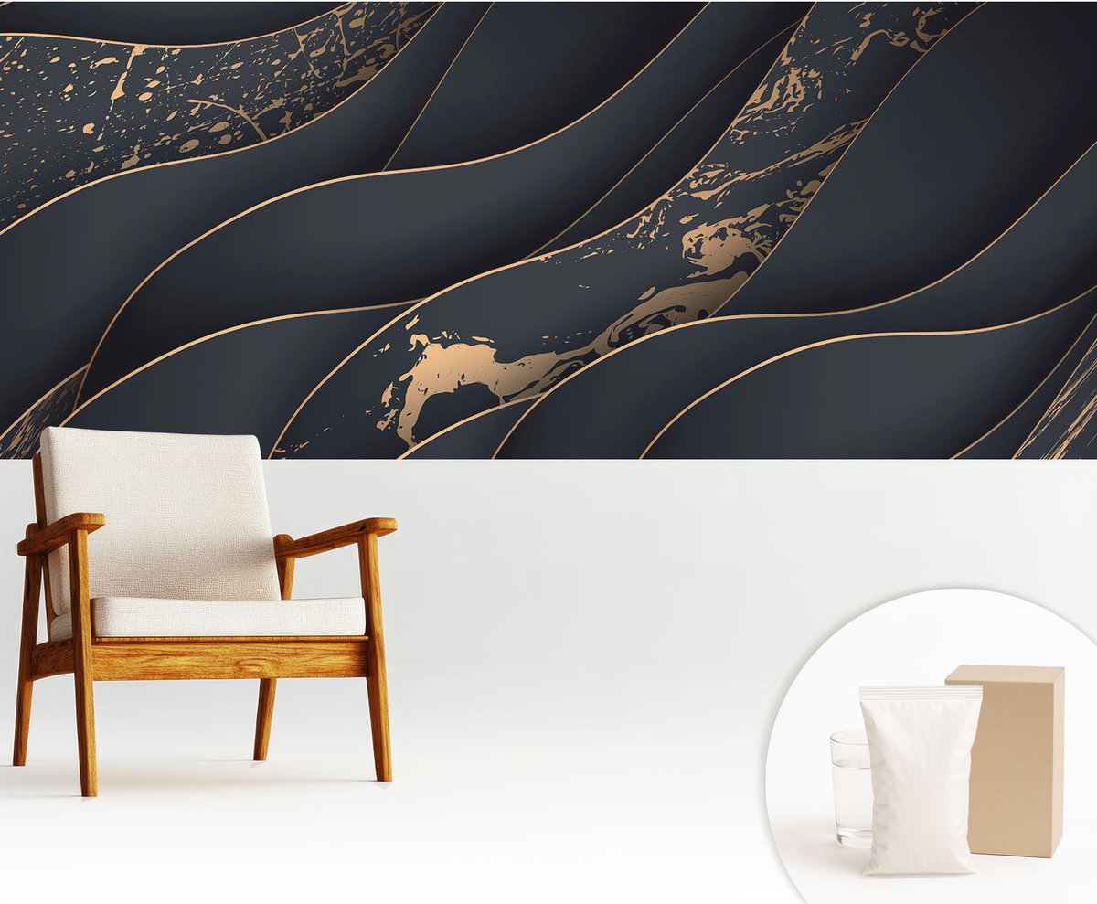 Wallfluent Fotobehang - Zwart Vliesbehang - 250x104 cm - Elegante Golven Fotobehang Vlies - Woonkamer behang Abstractie - Muurschildering - Woonkamer behang