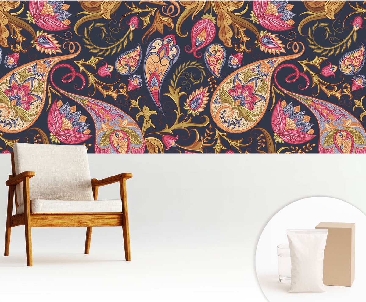 Wallfluent Fotobehang - Marine Vliesbehang - 250x104 cm - Kleurrijk Paisley-Patroon Muurschildering - Slaapkamer behang Achtergronden En Patronen - Fotobehang Vlies - Slaapkamer behang