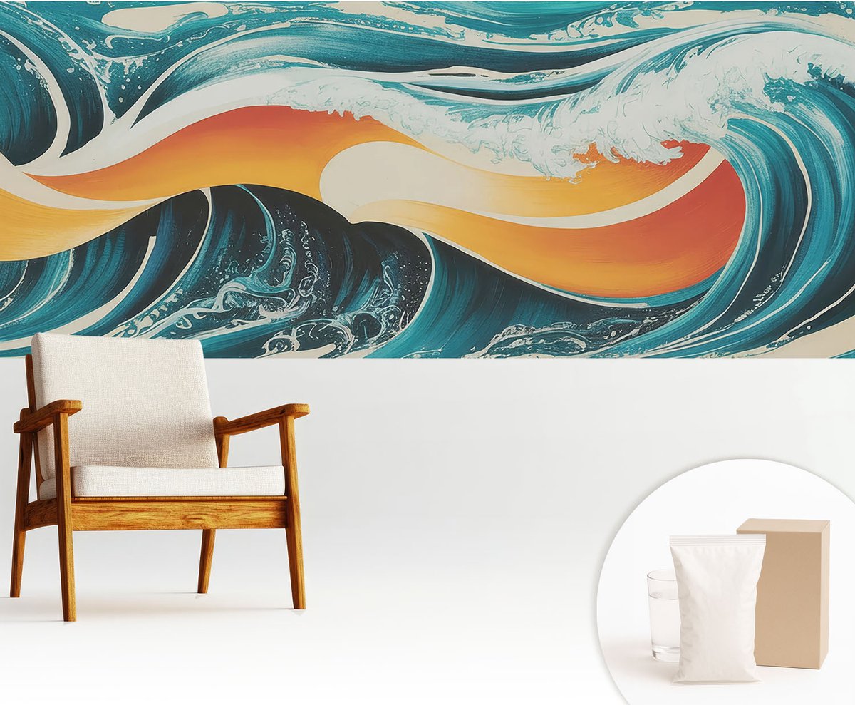 Wallfluent Fotobehang - Turkoois Vliesbehang - 250x104 cm - Abstracte Golven Muurschildering - Slaapkamer behang Deel - Fotobehang Vlies - Slaapkamer behang