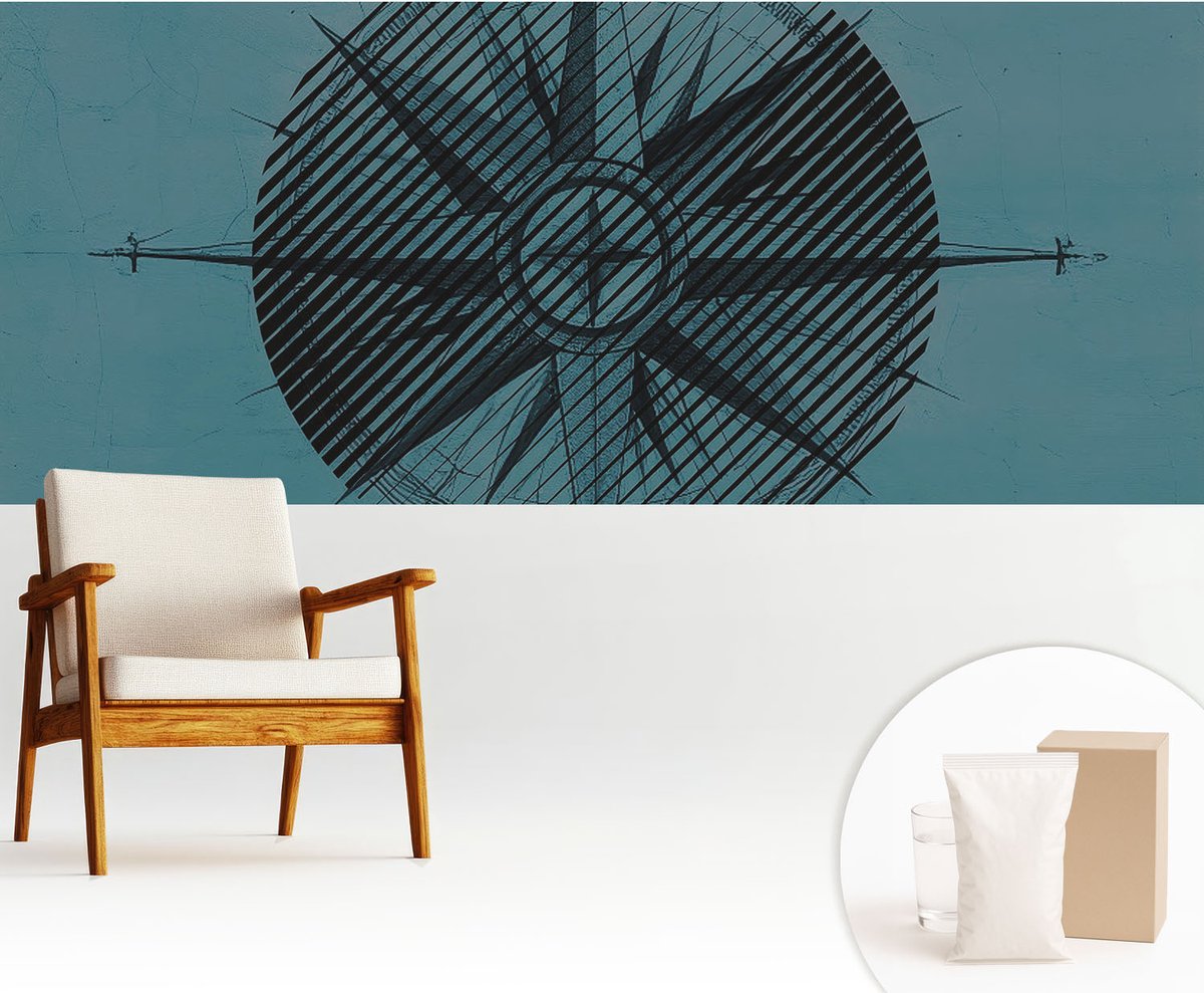 Wallfluent Fotobehang - Turkoois Vliesbehang - 250x104 cm - Scheepskompas Fotobehang Vlies - Hal behang Geometrie - Muurschildering - Woonkamer behang