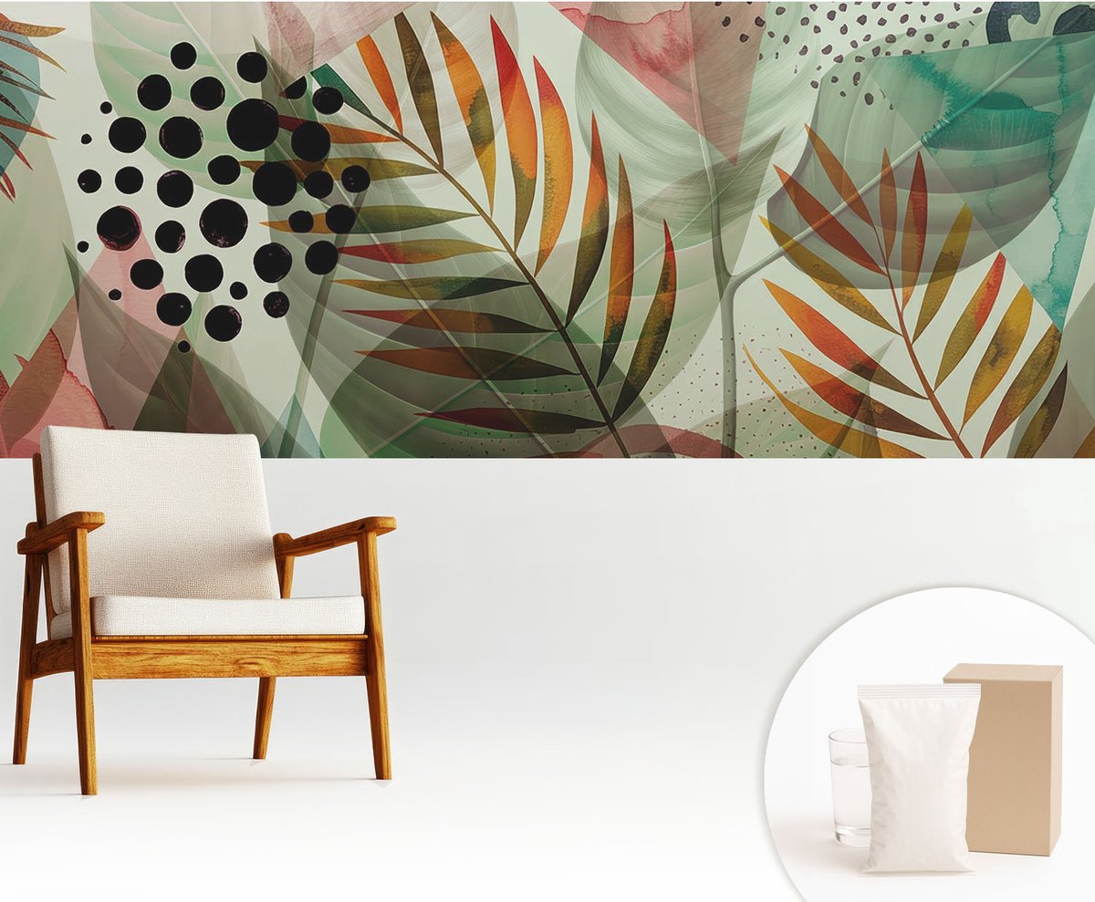 Wallfluent Fotobehang - Groente Vliesbehang - 250x104 cm - Abstracte Bladeren Fotobehang Vlies - Hal behang Bloemen En Planten - Muurschildering - Woonkamer behang