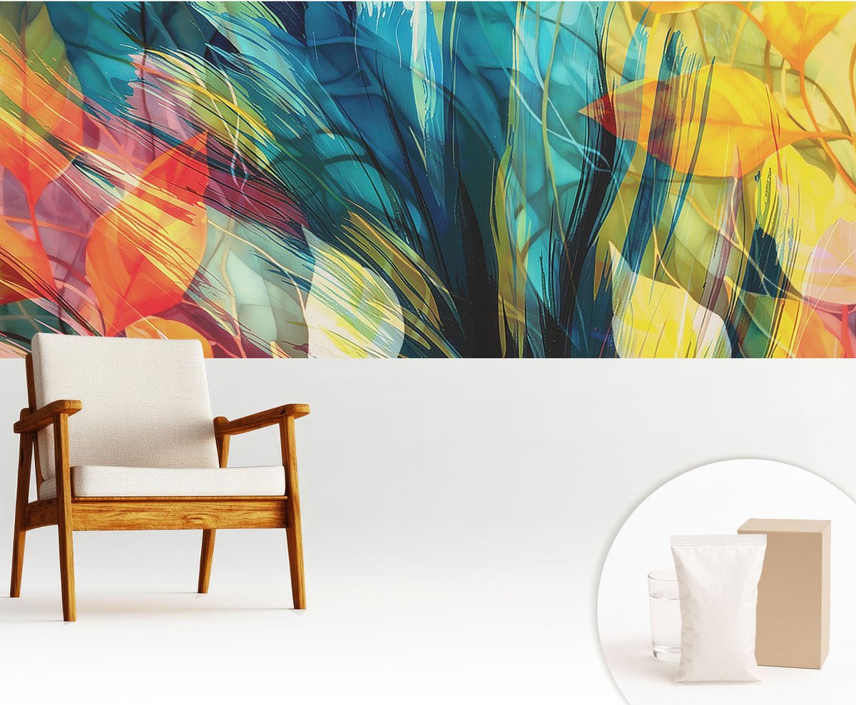 Wallfluent Fotobehang - Blauw Vliesbehang - 250x104 cm - Abstracte Bladeren Muurschildering - Gang behang Abstractie - Fotobehang Vlies - Slaapkamer behang