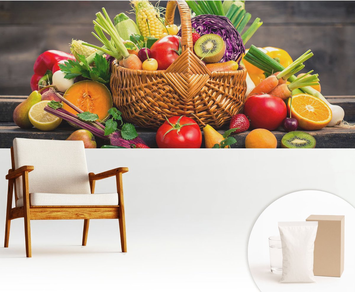 Wallfluent Fotobehang - Groente Vliesbehang - 250x104 cm - Fruitige Rijkdom Muurschildering - Gang behang Voedsel - Fotobehang Vlies - Slaapkamer behang