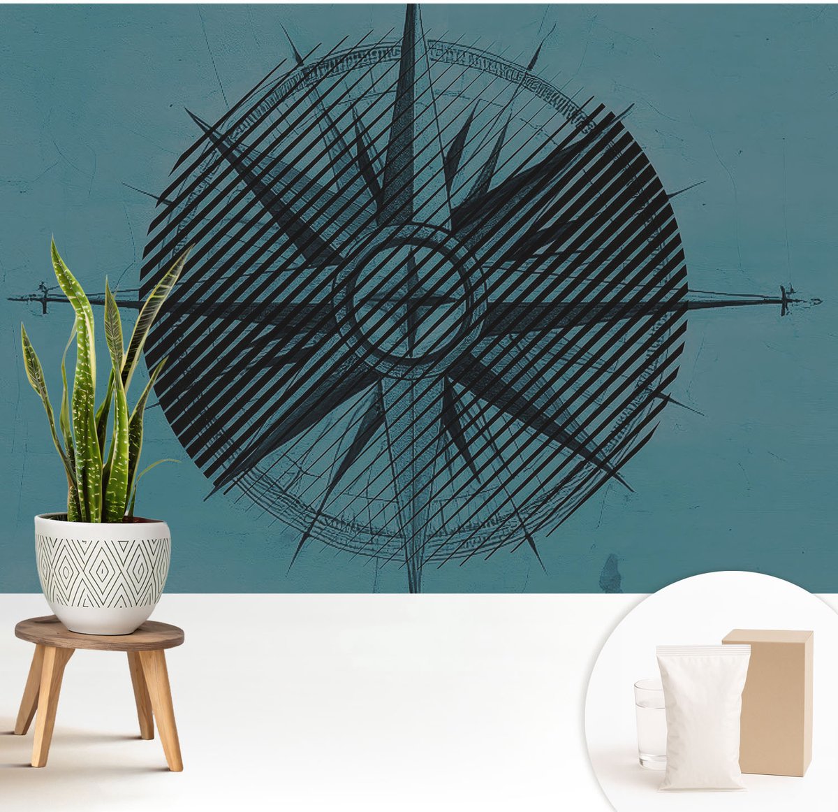Wallfluent Fotobehang - Turkoois Vliesbehang - 208x146 cm - Scheepskompas Fotobehang Vlies - Woonkamer behang Geometrie - Muurschildering - Woonkamer behang