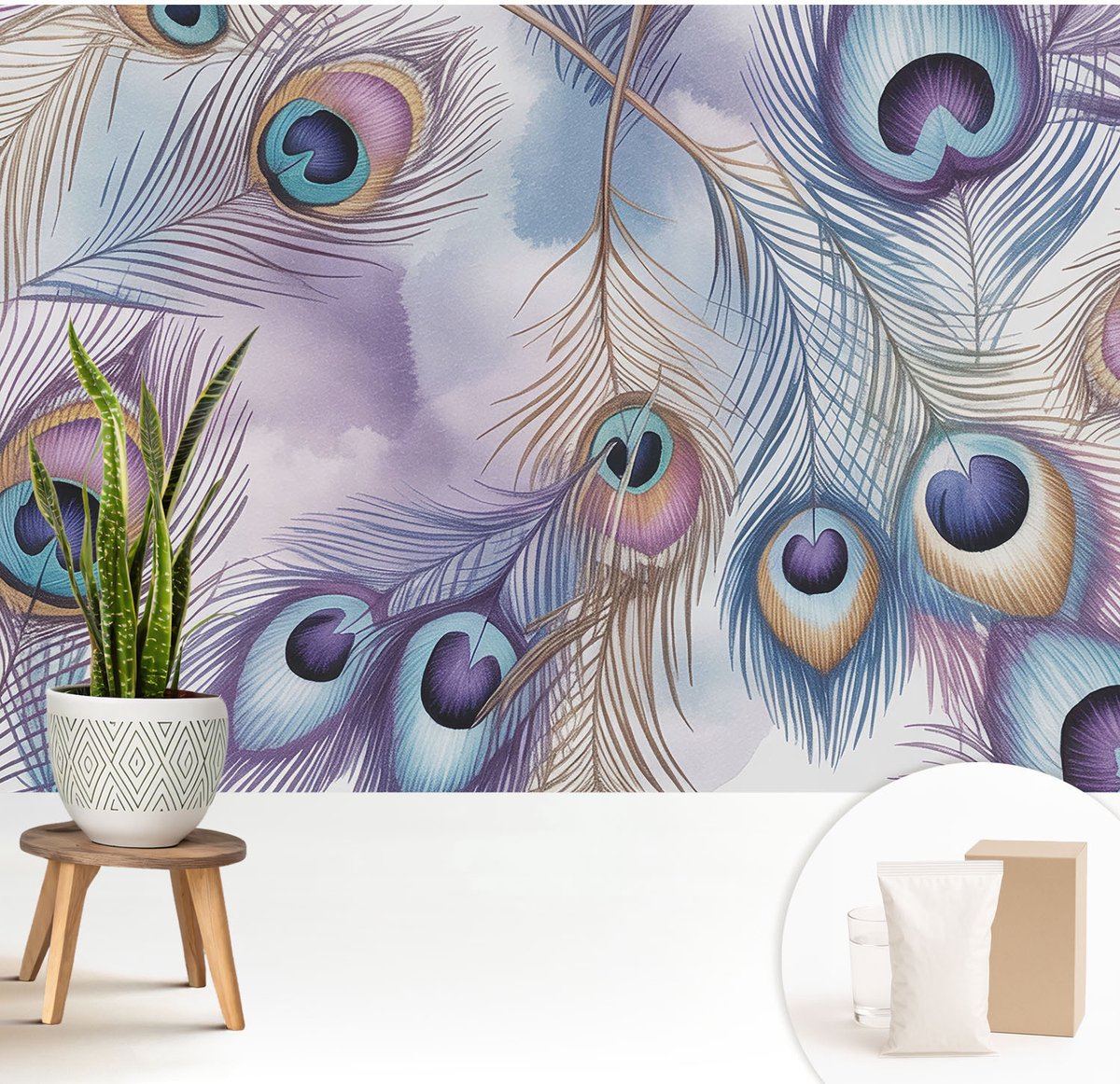 Wallfluent Fotobehang - Paars Vliesbehang - 208x146 cm - Pauwenveren Fotobehang Vlies - Hal behang Abstractie - Muurschildering - Woonkamer behang