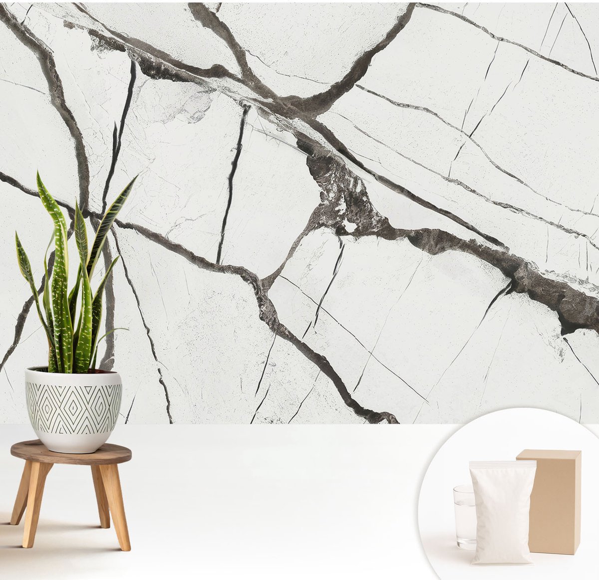 Wallfluent Fotobehang - Wit Vliesbehang - 208x146 cm - Marmer Barsten Muurschildering - Gang behang Texturen - Fotobehang Vlies - Gang behang