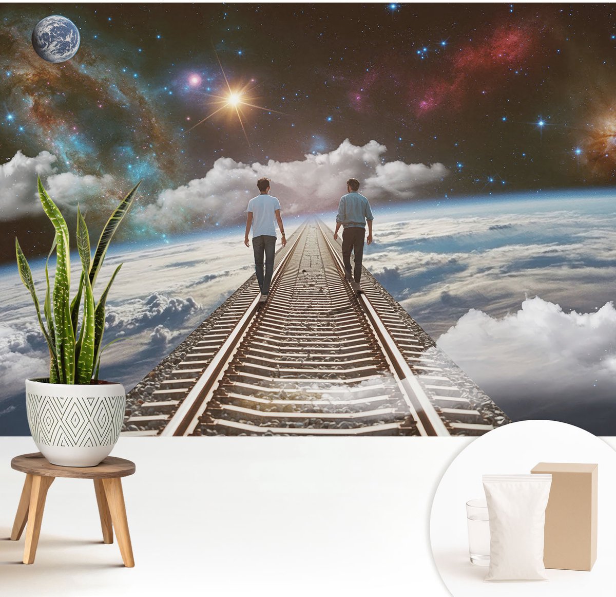 Wallfluent Fotobehang - Wit Vliesbehang - 208x146 cm - Ruimtereis Fotobehang Vlies - Hal behang Kosmos - Muurschildering - Woonkamer behang