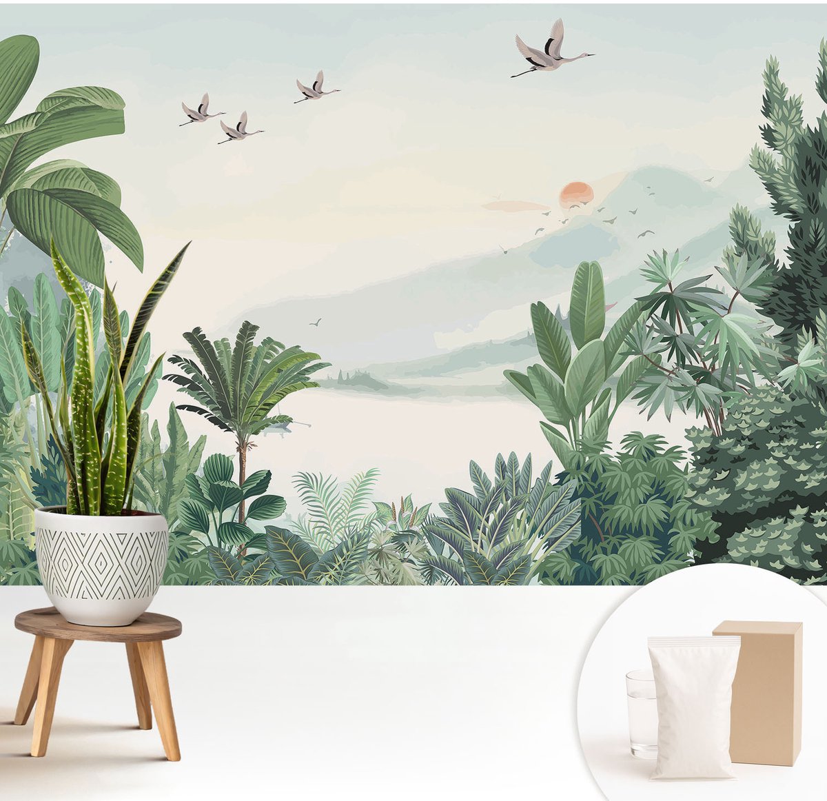Wallfluent Fotobehang - Groente Vliesbehang - 208x146 cm - Tropische Oase Fotobehang Vlies - Hal behang Landschappen - Muurschildering - Woonkamer behang