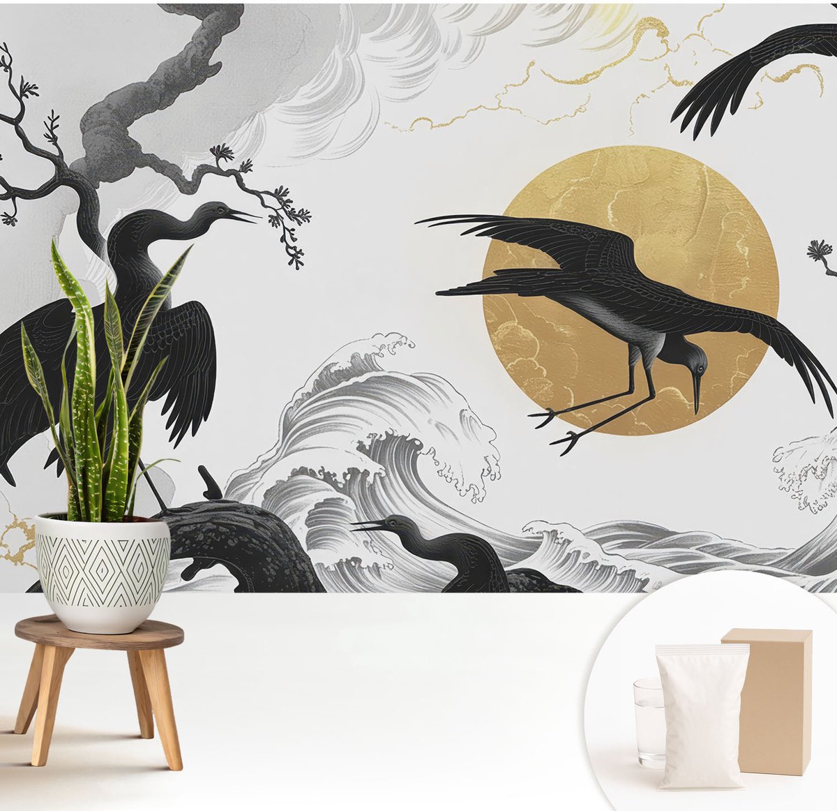Wallfluent Fotobehang - Zwart-Wit Vliesbehang - 208x146 cm - Zwarte Kraanvogels Fotobehang Vlies - Hal behang Deel - Muurschildering - Woonkamer behang