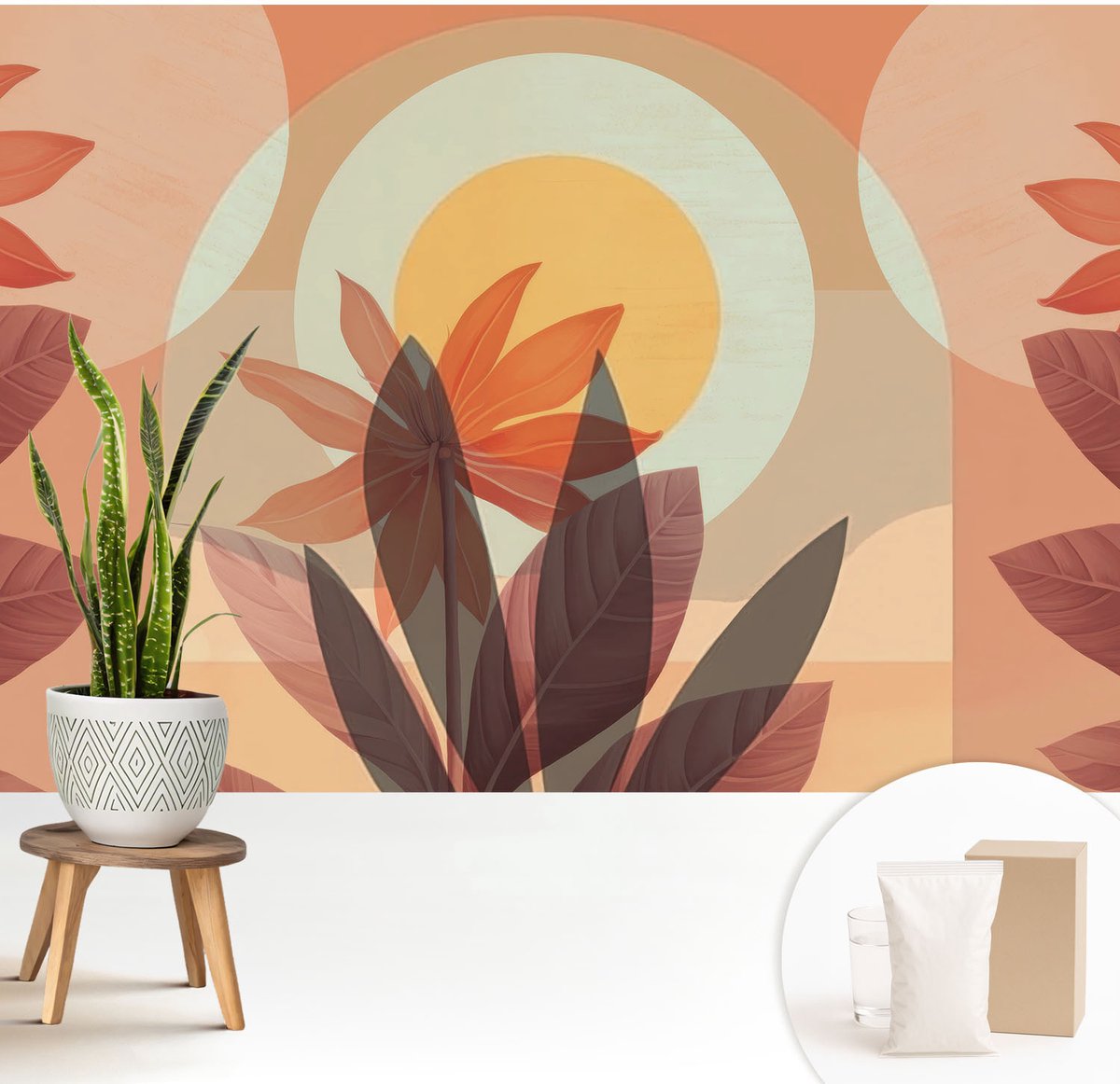 Wallfluent Fotobehang - Oranje Vliesbehang - 208x146 cm - Bloemabstractie Muurschildering - Gang behang Deel - Fotobehang Vlies - Gang behang