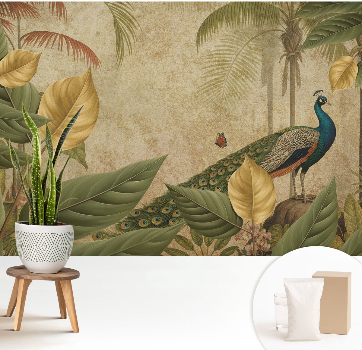 Wallfluent Fotobehang - Grijs Vliesbehang - 208x146 cm - Exotische Vogel Fotobehang Vlies - Woonkamer behang Bloemen En Planten - Muurschildering - Woonkamer behang