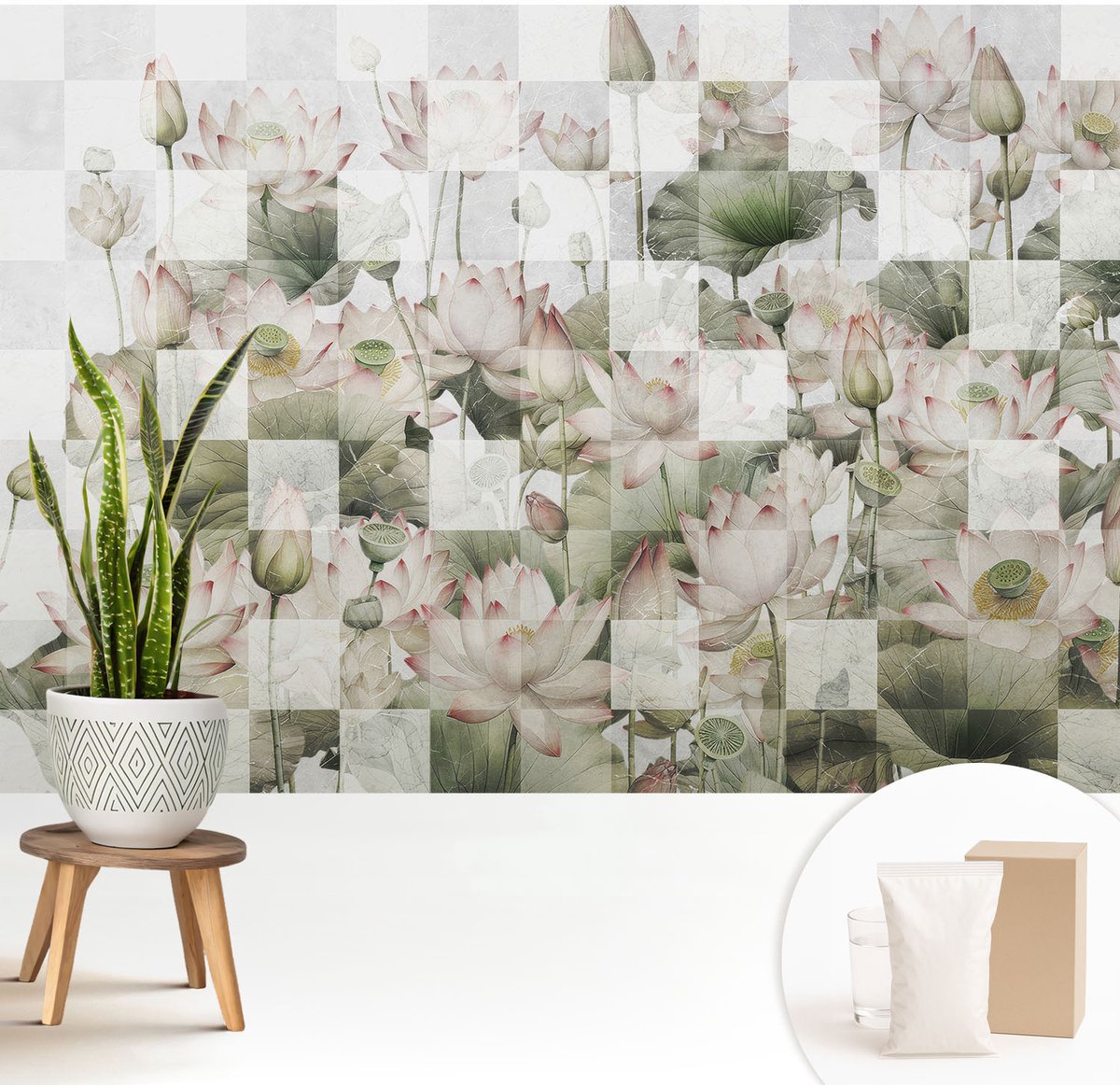 Wallfluent Fotobehang - Wit Vliesbehang - 208x146 cm - Lotuspatronen Fotobehang Vlies - Woonkamer behang Bloemen En Planten - Muurschildering - Woonkamer behang