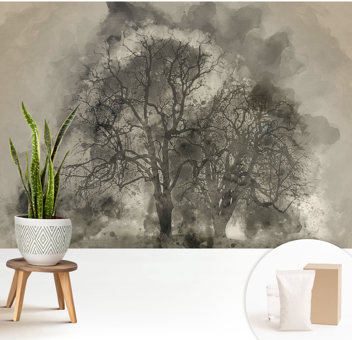 Wallfluent Fotobehang - Zwart Vliesbehang - 208x146 cm - Mysterieuze Bomen Muurschildering - Slaapkamer behang Bloemen En Planten - Fotobehang Vlies - Slaapkamer behang
