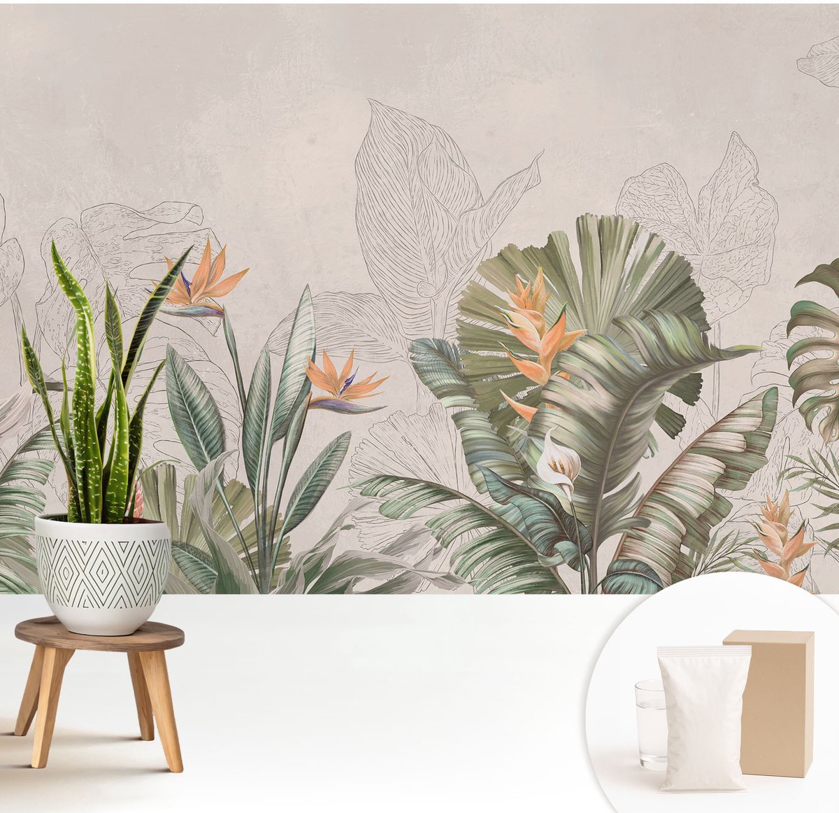 Wallfluent Fotobehang - Beige Vliesbehang - 208x146 cm - Tropische Bloemen Muurschildering - Gang behang Bloemen En Planten - Fotobehang Vlies - Slaapkamer behang