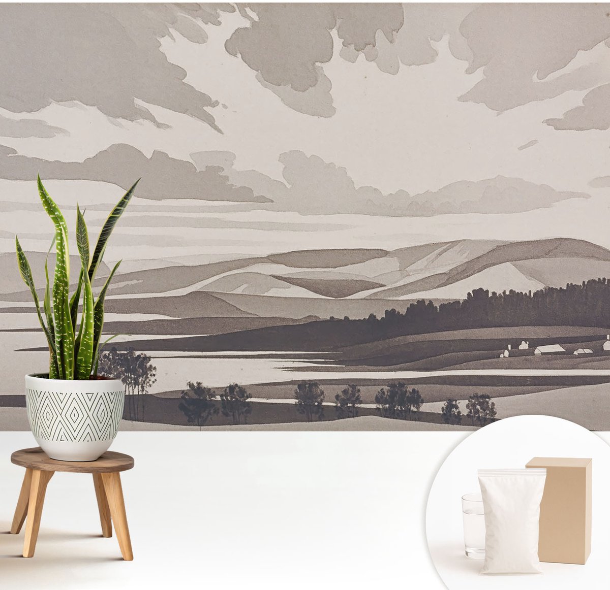 Wallfluent Fotobehang - Grijs Vliesbehang - 208x146 cm - Een Vredig Landschap Fotobehang Vlies - Woonkamer behang Landschappen - Muurschildering - Woonkamer behang
