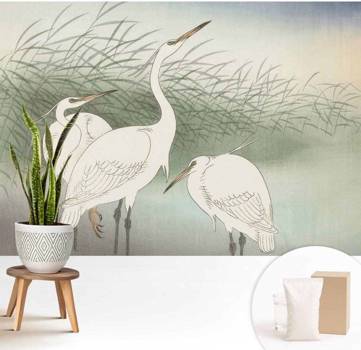 Wallfluent Fotobehang - Wit Vliesbehang - 208x146 cm - Reigers In Het Gras Fotobehang Vlies - Woonkamer behang Dieren - Muurschildering - Hal behang