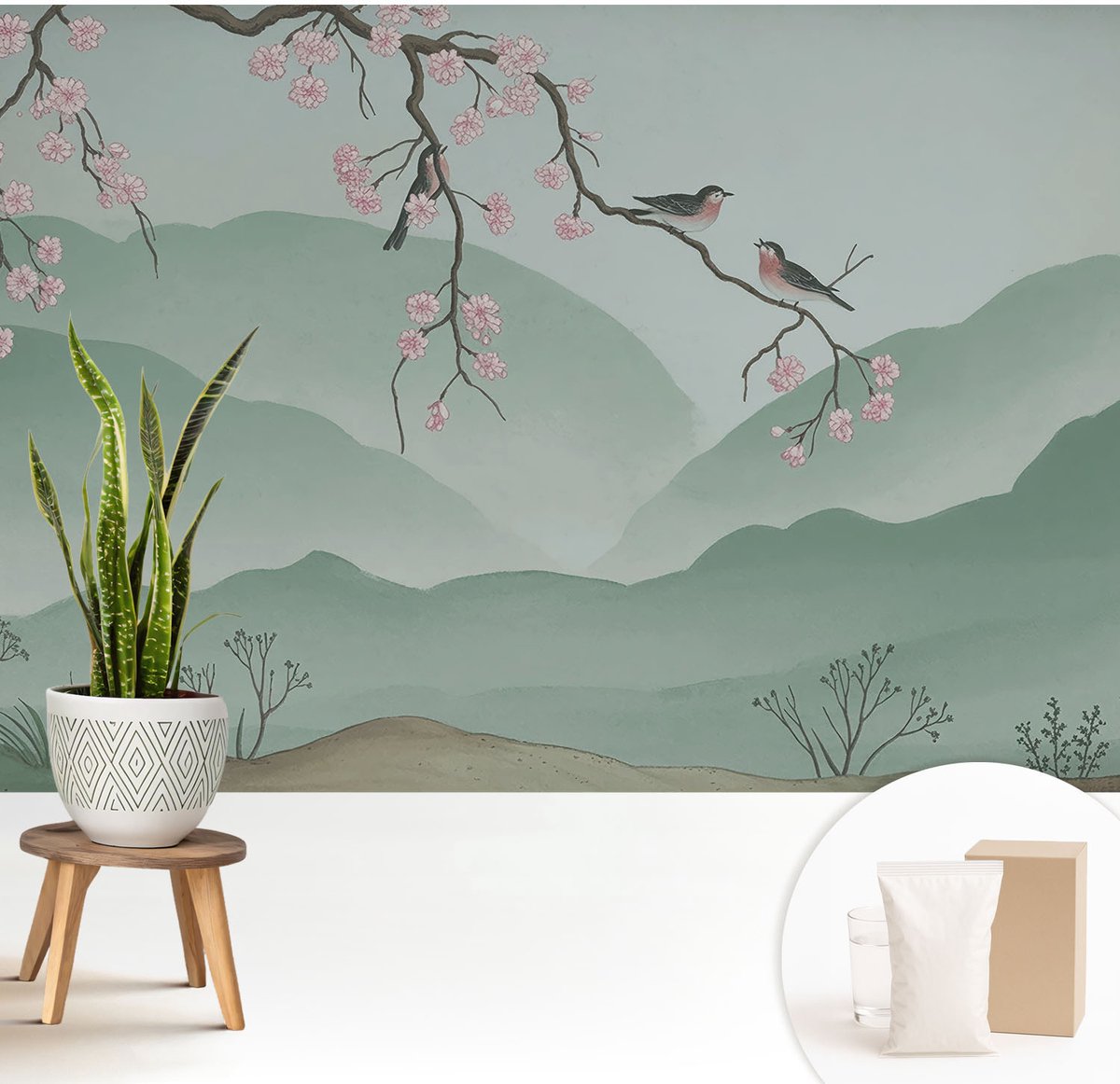 Wallfluent Fotobehang - Grijs Vliesbehang - 208x146 cm - Japanse Serenade Fotobehang Vlies - Hal behang Bloemen En Planten - Muurschildering - Woonkamer behang