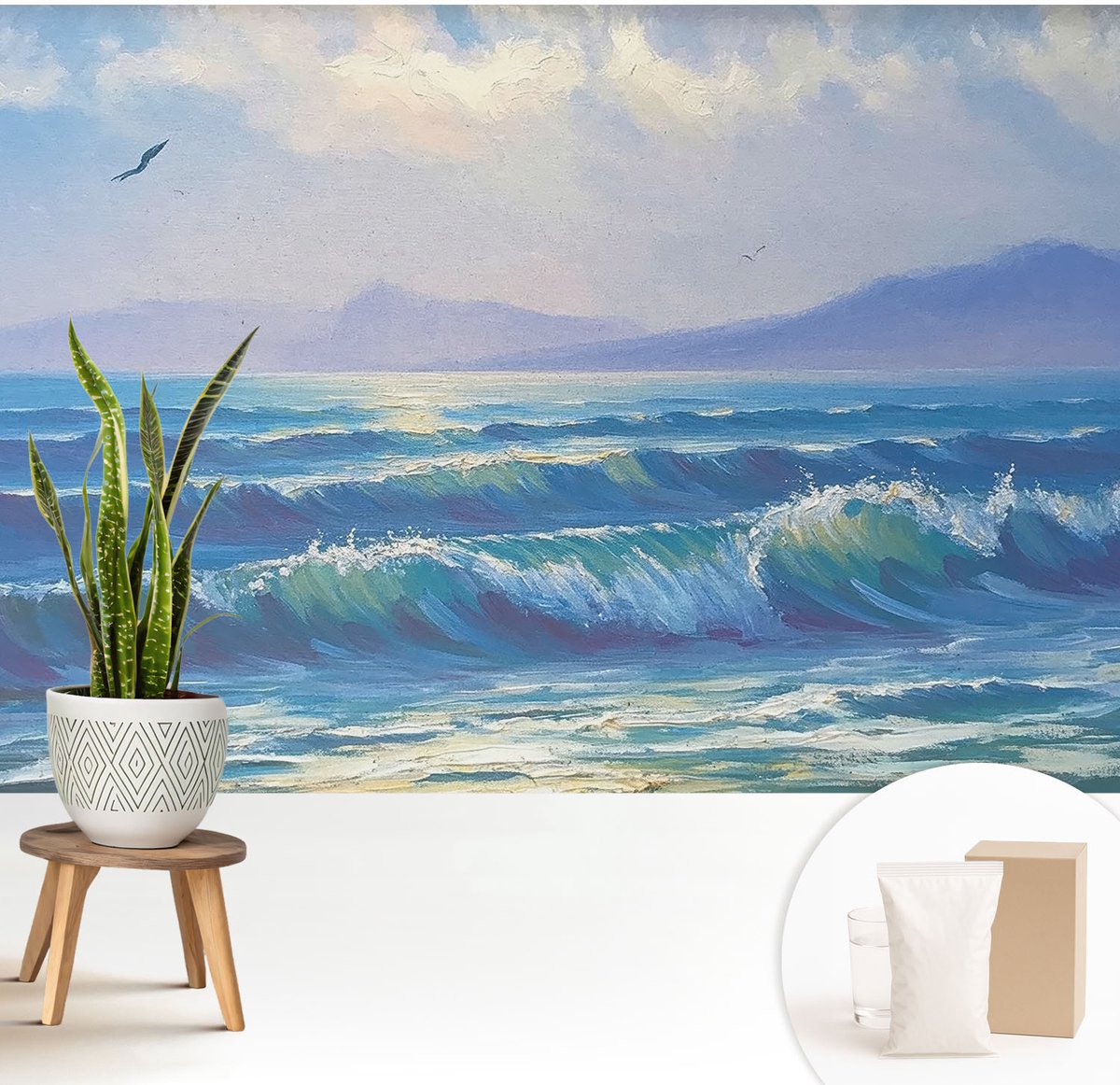 Wallfluent Fotobehang - Blauw Vliesbehang - 208x146 cm - Zeegolven Fotobehang Vlies - Woonkamer behang Landschappen - Muurschildering - Hal behang
