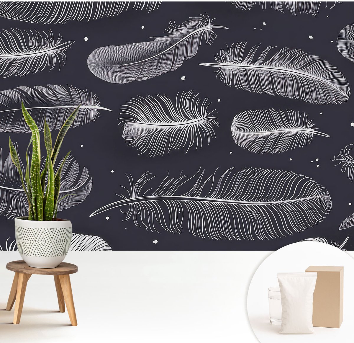 Wallfluent Fotobehang - Zwart-Wit Vliesbehang - 208x146 cm - Subtiele Veren Muurschildering - Gang behang Achtergronden En Patronen - Fotobehang Vlies - Slaapkamer behang