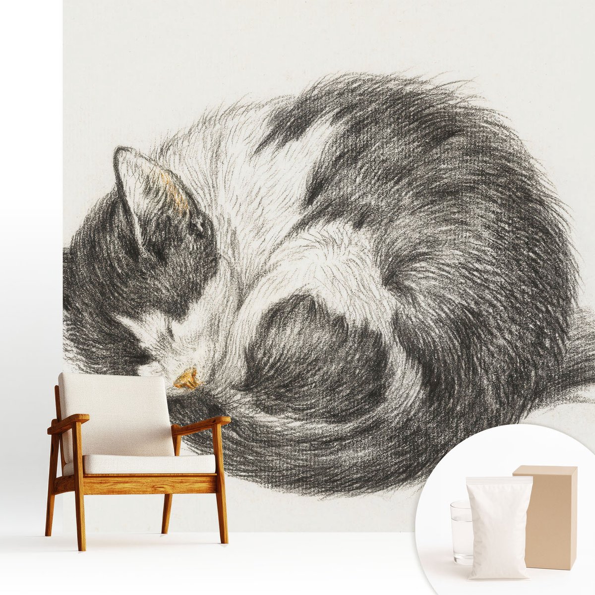Wallfluent Fotobehang - Zwart-Wit Vliesbehang - 250x250 cm - Schattig Katje Muurschildering - Slaapkamer behang Dieren - Fotobehang Vlies - Slaapkamer behang